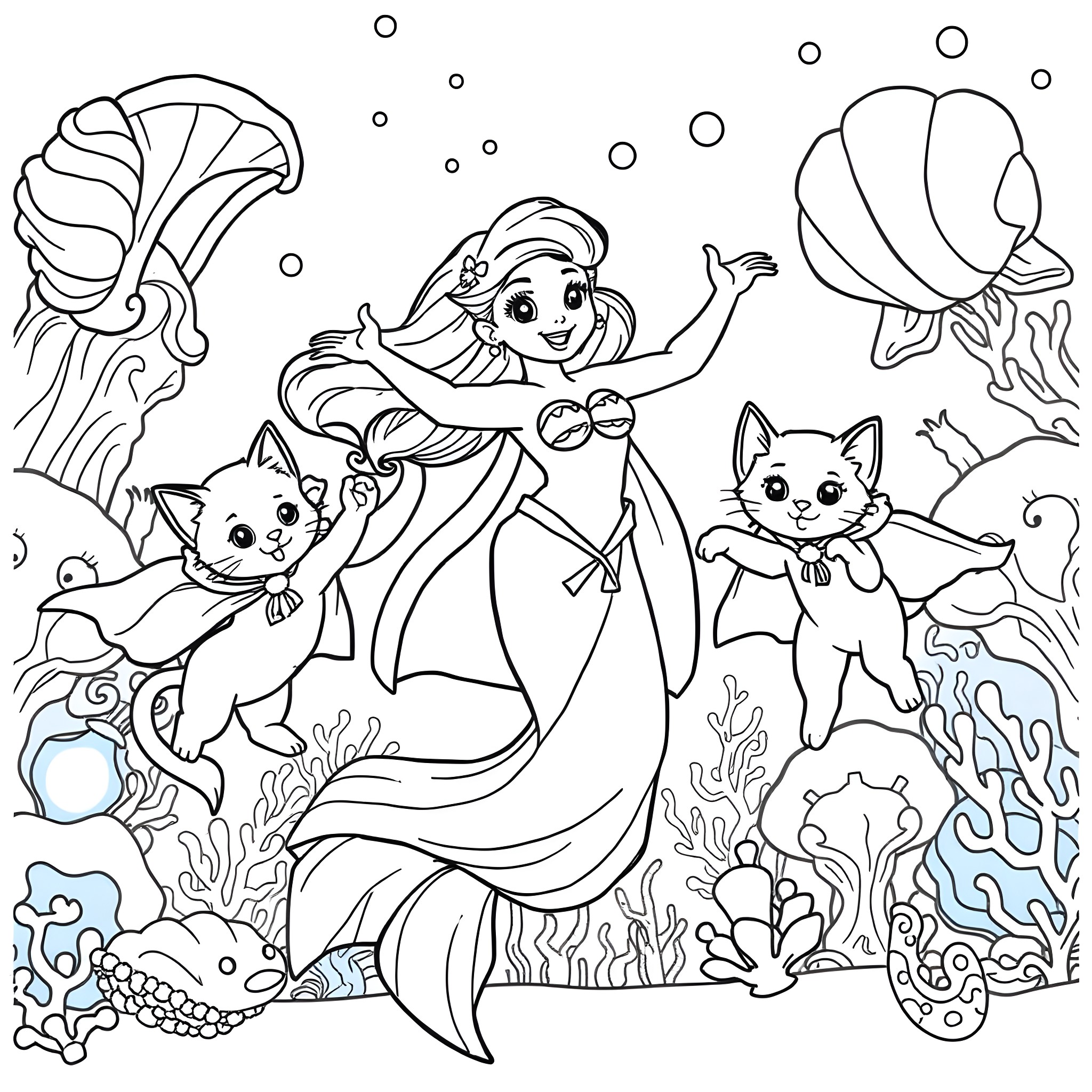 Ariel Exploring the Underwater World with Cats Coloring Page (free black-and-white line drawing printable PDF for all, from beginners to advanced learners, including children, teens, adults, and seniors)
