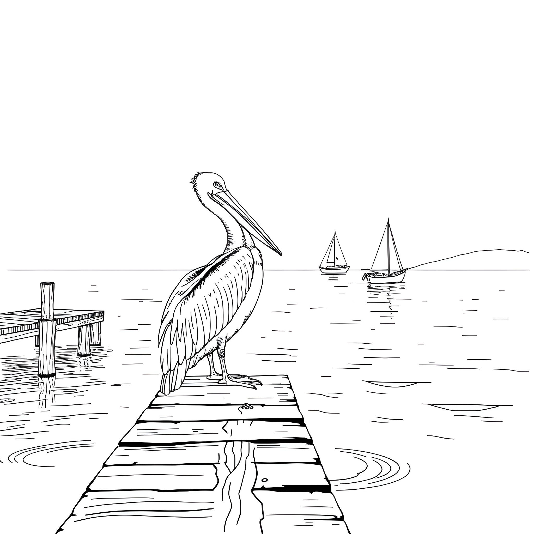 Pelican perched on a dock overlooking sailboats Coloring Page (free black-and-white line drawing printable PDF for all, from beginners to advanced learners, including children, teens, adults, and seniors)
