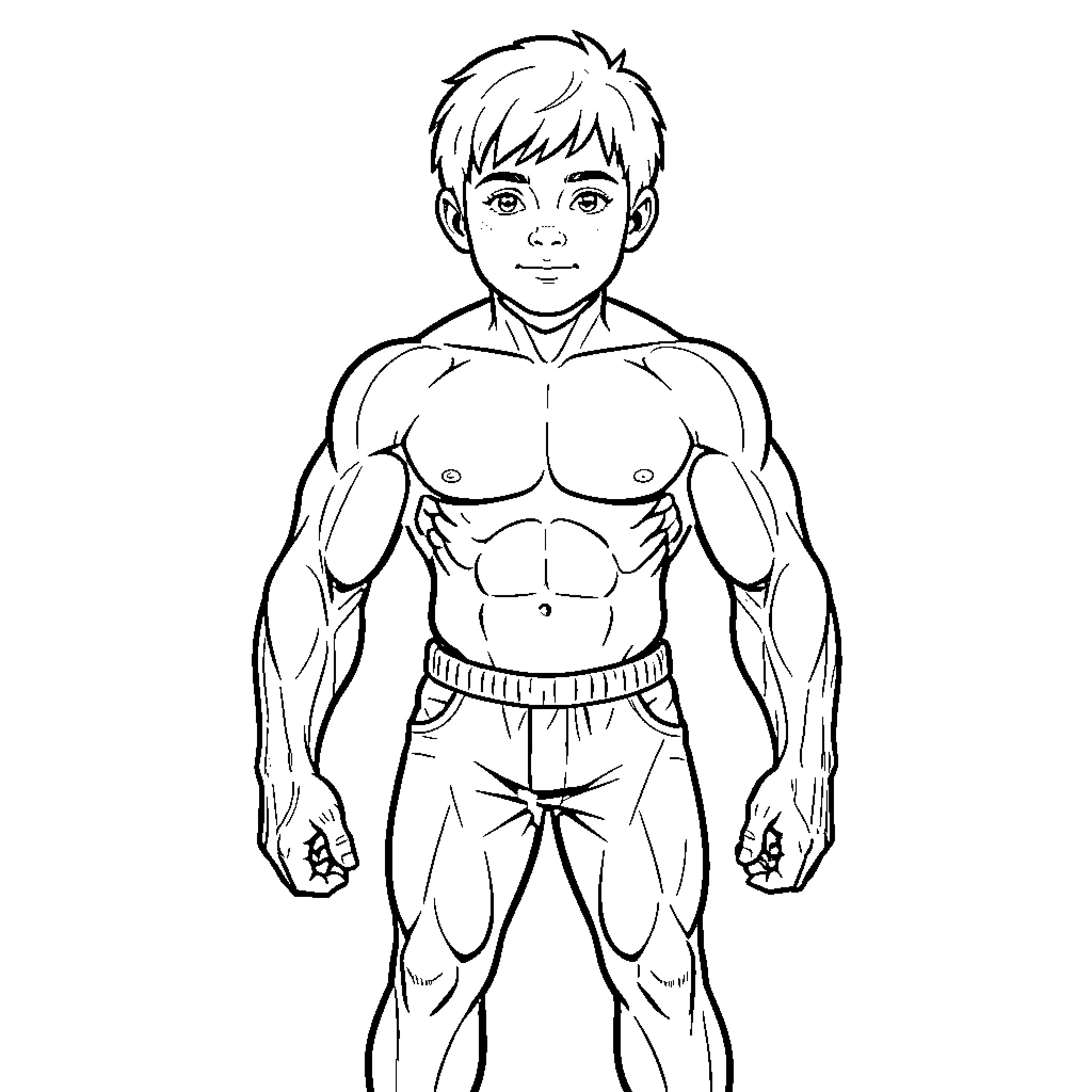 Child posing with a muscular physique and confident expression Coloring Page (free black-and-white line drawing printable PDF for all, from beginners to advanced learners, including children, teens, adults, and seniors)