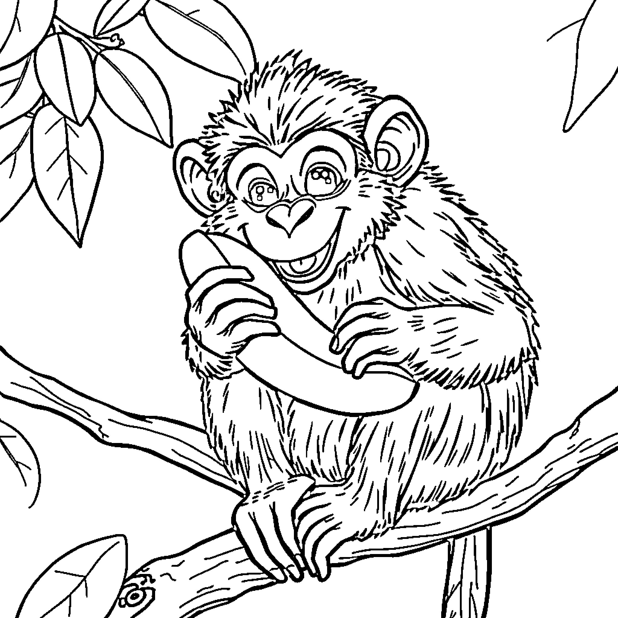 Monkey playfully swinging on a branch Coloring Page (free black-and-white line drawing printable PDF for all, from beginners to advanced learners, including children, teens, adults, and seniors)
