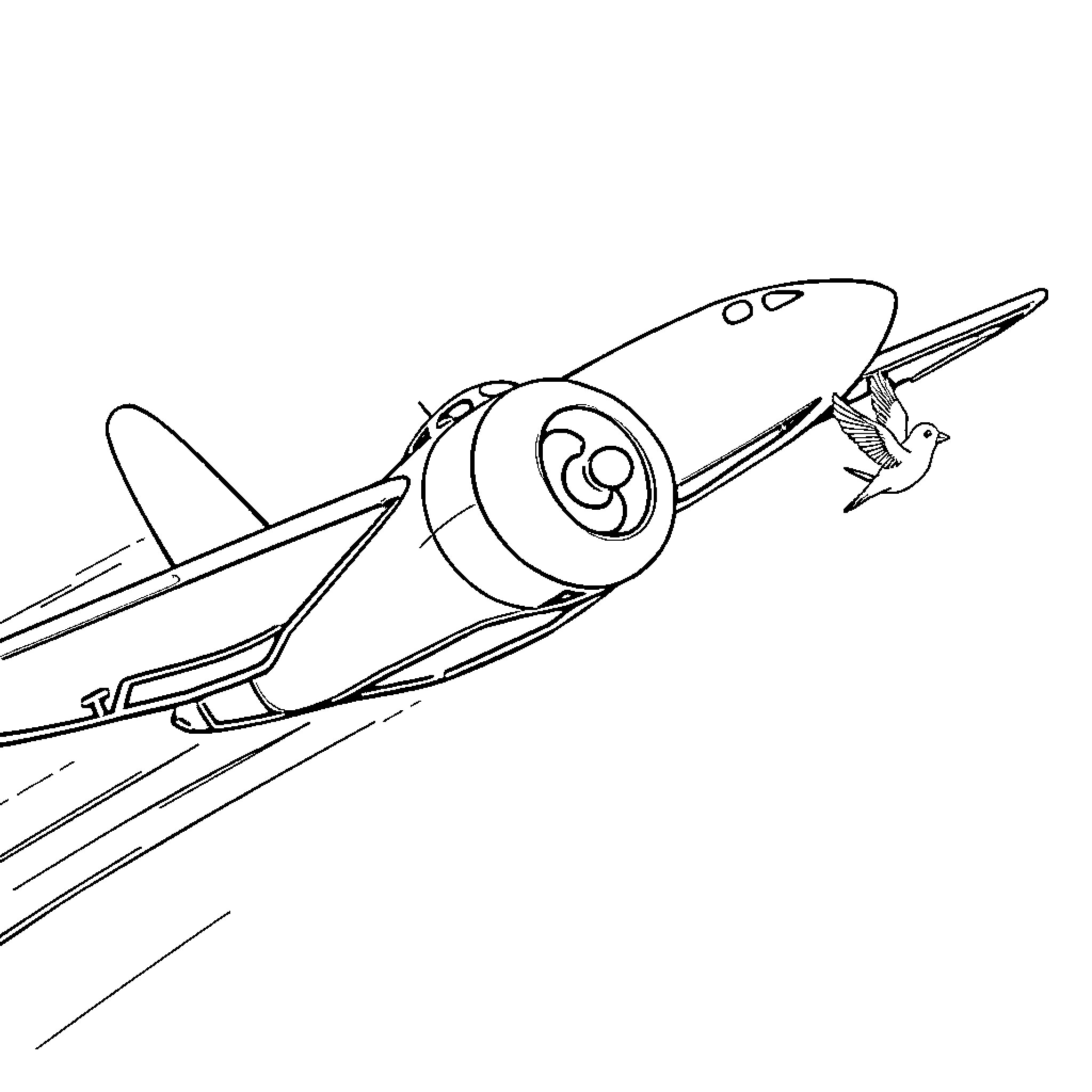 Airplane soaring swiftly in the skies Coloring Page (free black-and-white line drawing printable PDF for all, from beginners to advanced learners, including children, teens, adults, and seniors)