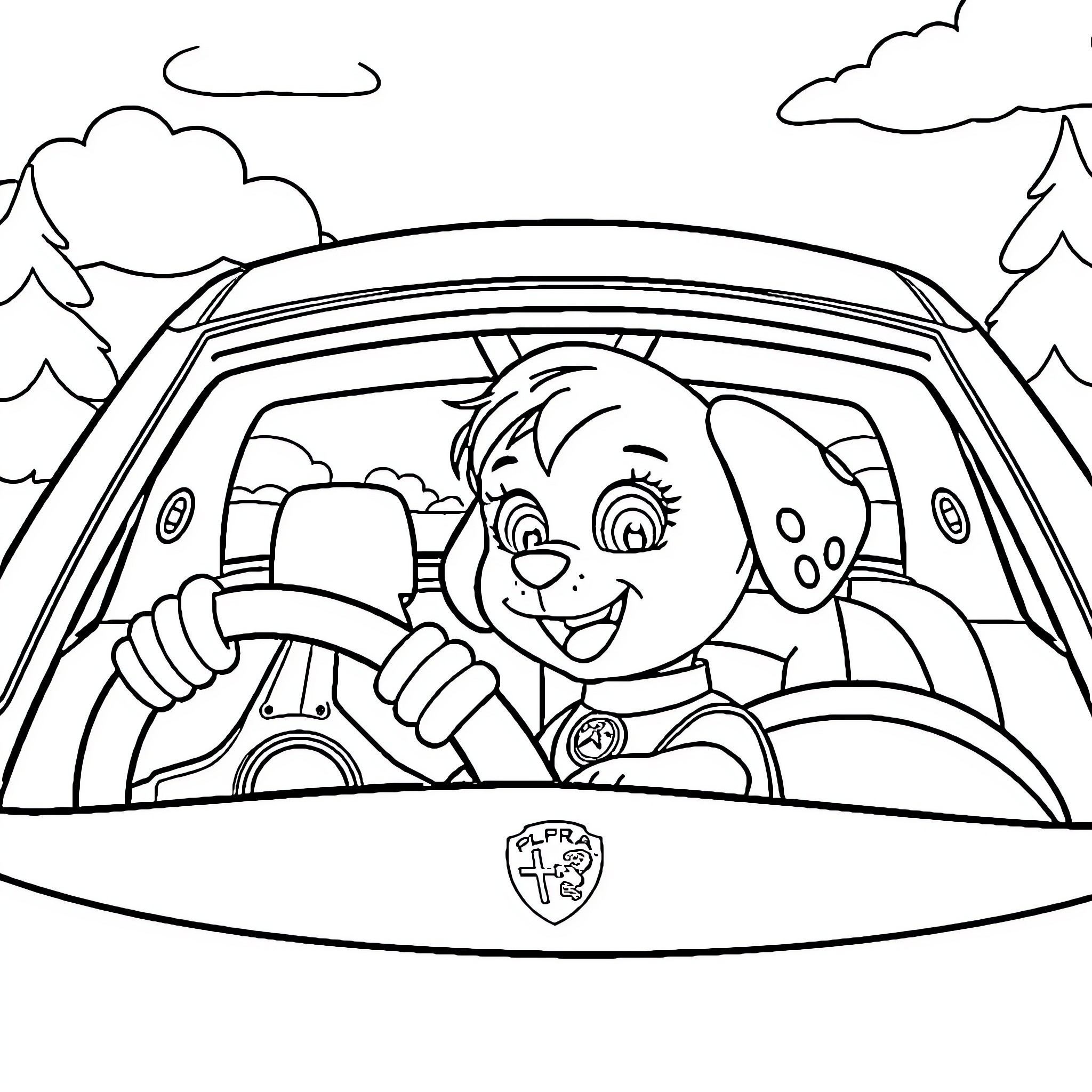 Paw Patrol character driving car through scenic landscape Coloring Page (free black-and-white line drawing printable PDF for all, from beginners to advanced learners, including children, teens, adults, and seniors)