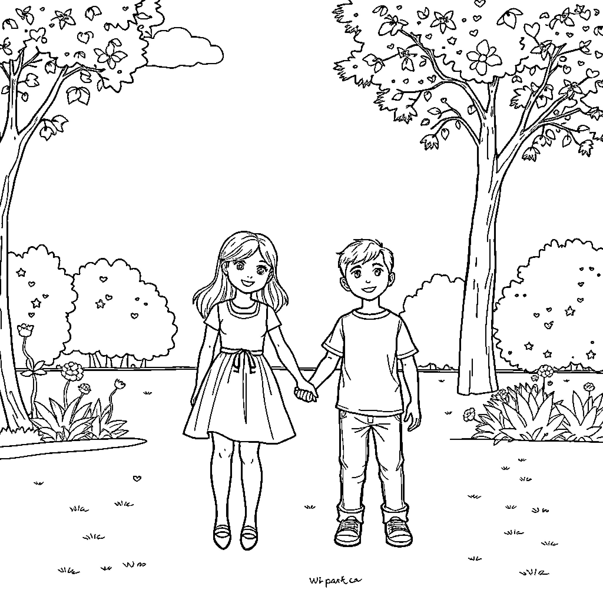 Girl and Boy Enjoying Nature Together Coloring Page (free black-and-white line drawing printable PDF for all, from beginners to advanced learners, including children, teens, adults, and seniors)