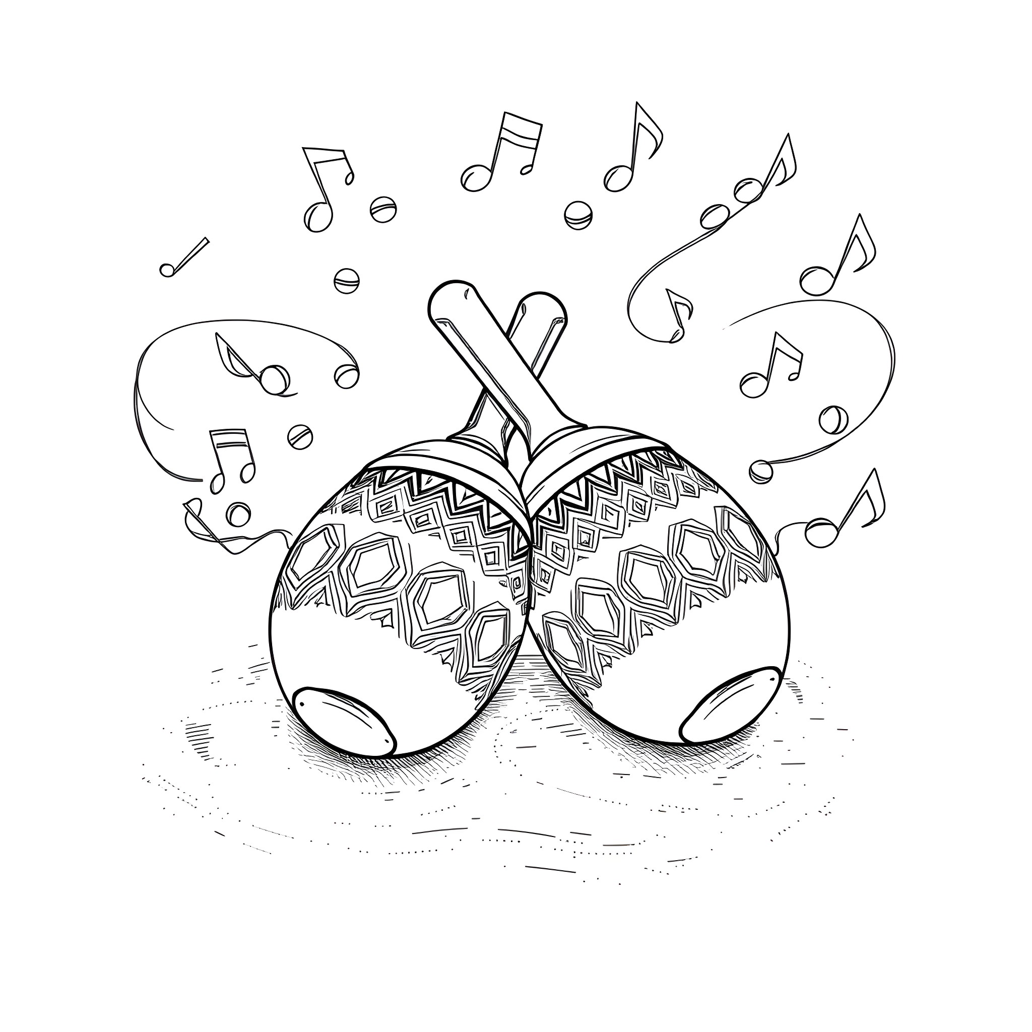 Maraca rhythmic dance with musical notes Coloring Page (free black-and-white line drawing printable PDF for all, from beginners to advanced learners, including children, teens, adults, and seniors)