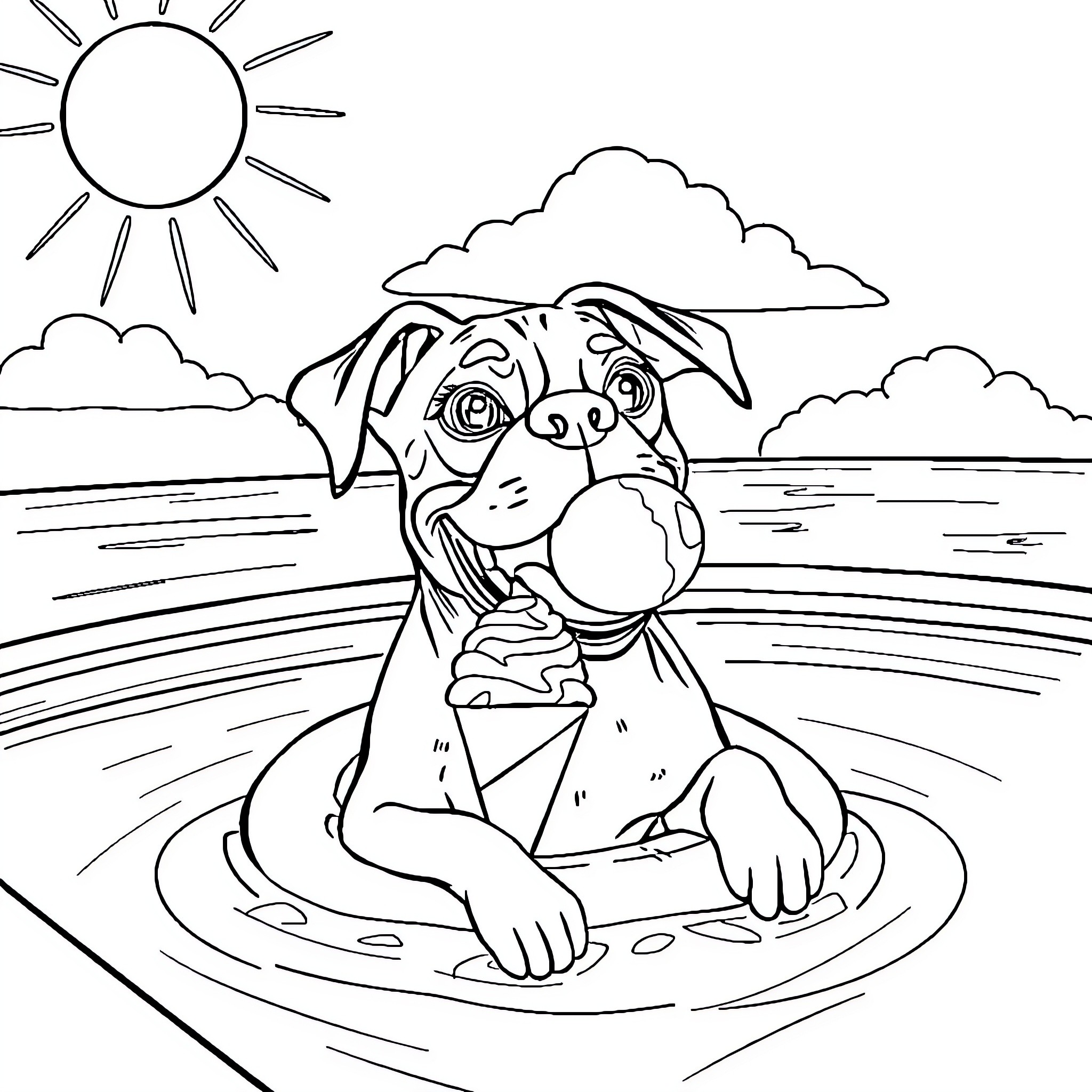Boxer Dog playing in water on sunny day Coloring Page (free black-and-white line drawing printable PDF for all, from beginners to advanced learners, including children, teens, adults, and seniors)