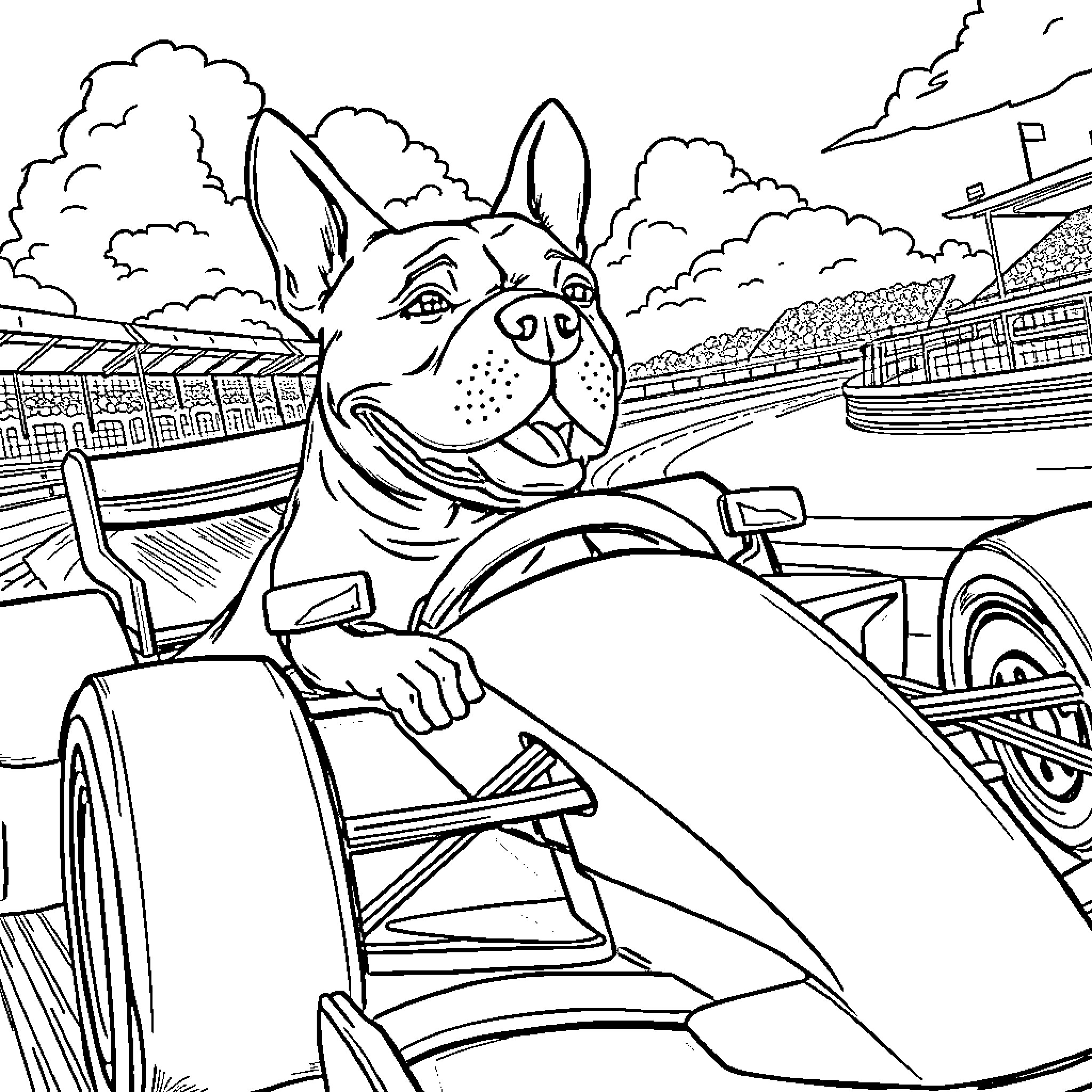 Pit Bull Racing Down the Track Coloring Page (free black-and-white line drawing printable PDF for all, from beginners to advanced learners, including children, teens, adults, and seniors)