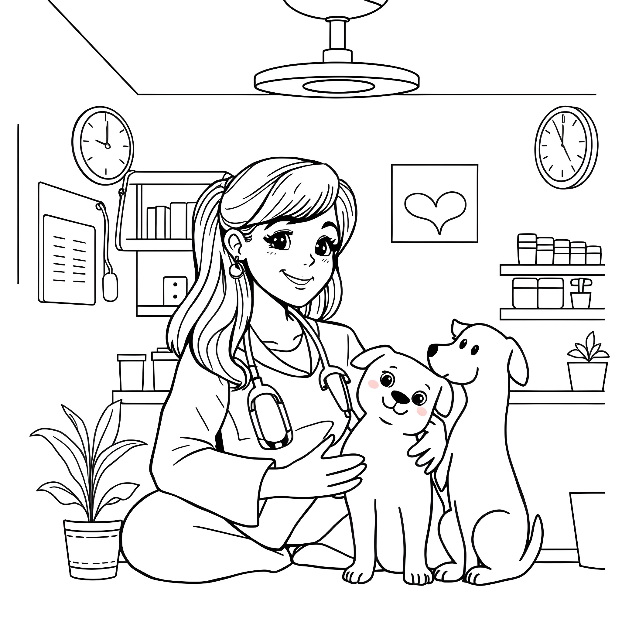 Vet Examining Friendly Pets in Clinic Coloring Page (free black-and-white line drawing printable PDF for all, from beginners to advanced learners, including children, teens, adults, and seniors)