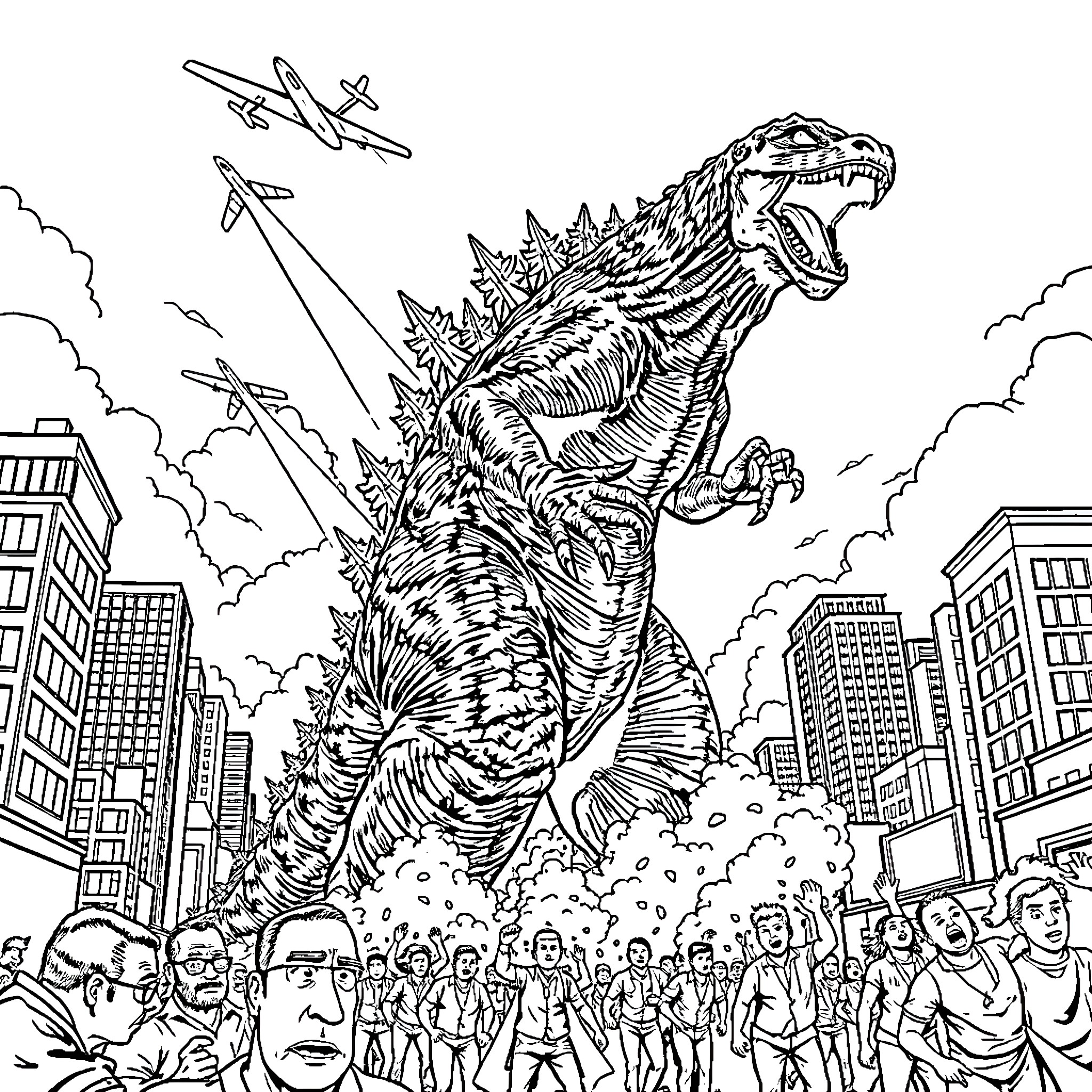Godzilla wreaking havoc in the city Coloring Page (free black-and-white line drawing printable PDF for all, from beginners to advanced learners, including children, teens, adults, and seniors)