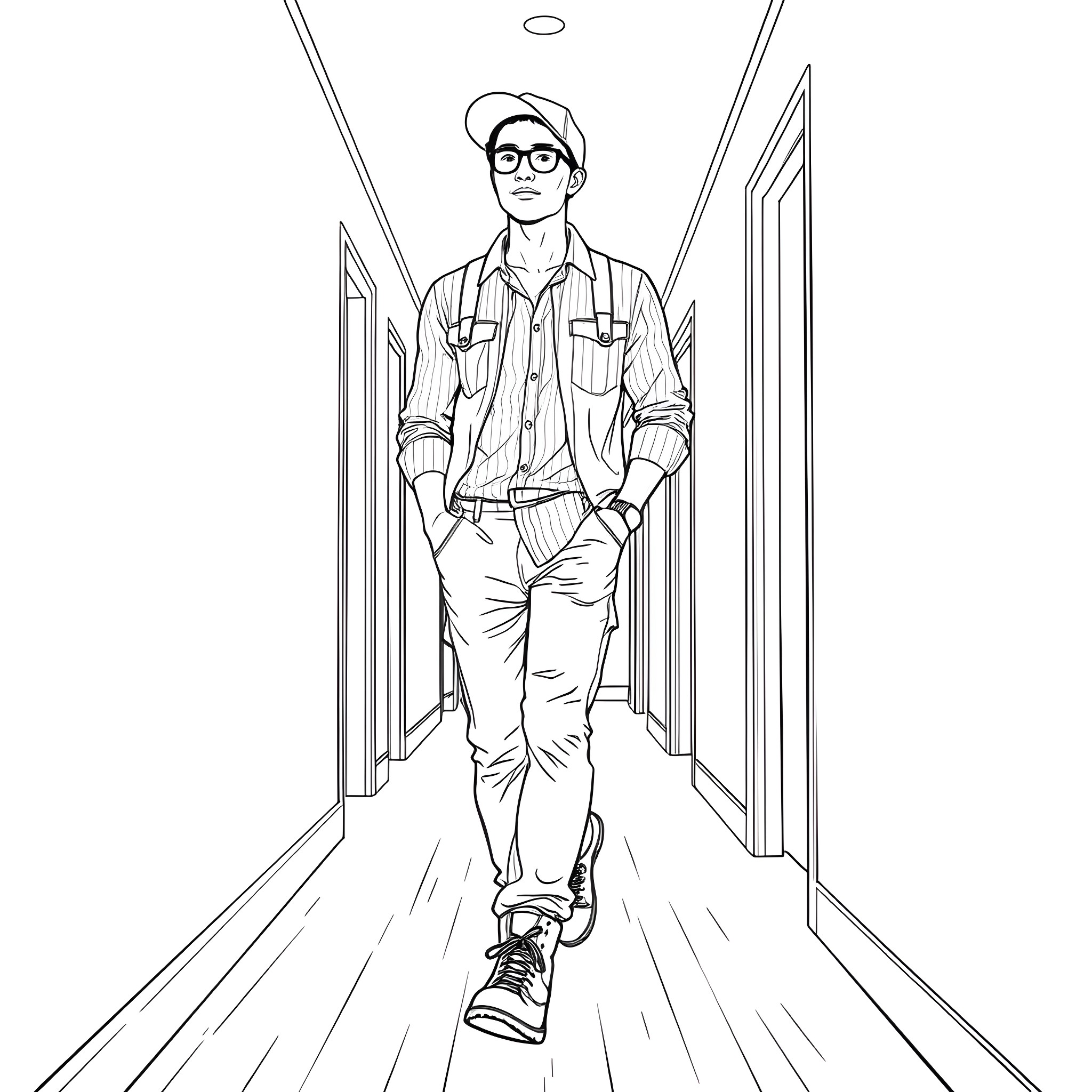 Teen Guy Walking in the Hallway Coloring Page (free black-and-white line drawing printable PDF for all, from beginners to advanced learners, including children, teens, adults, and seniors)