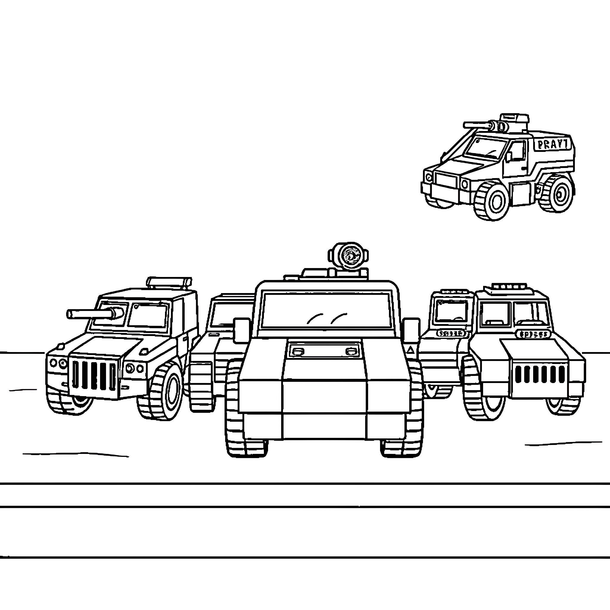 Lego Vehicle Convoy in Action Coloring Page (free black-and-white line drawing printable PDF for all, from beginners to advanced learners, including children, teens, adults, and seniors)