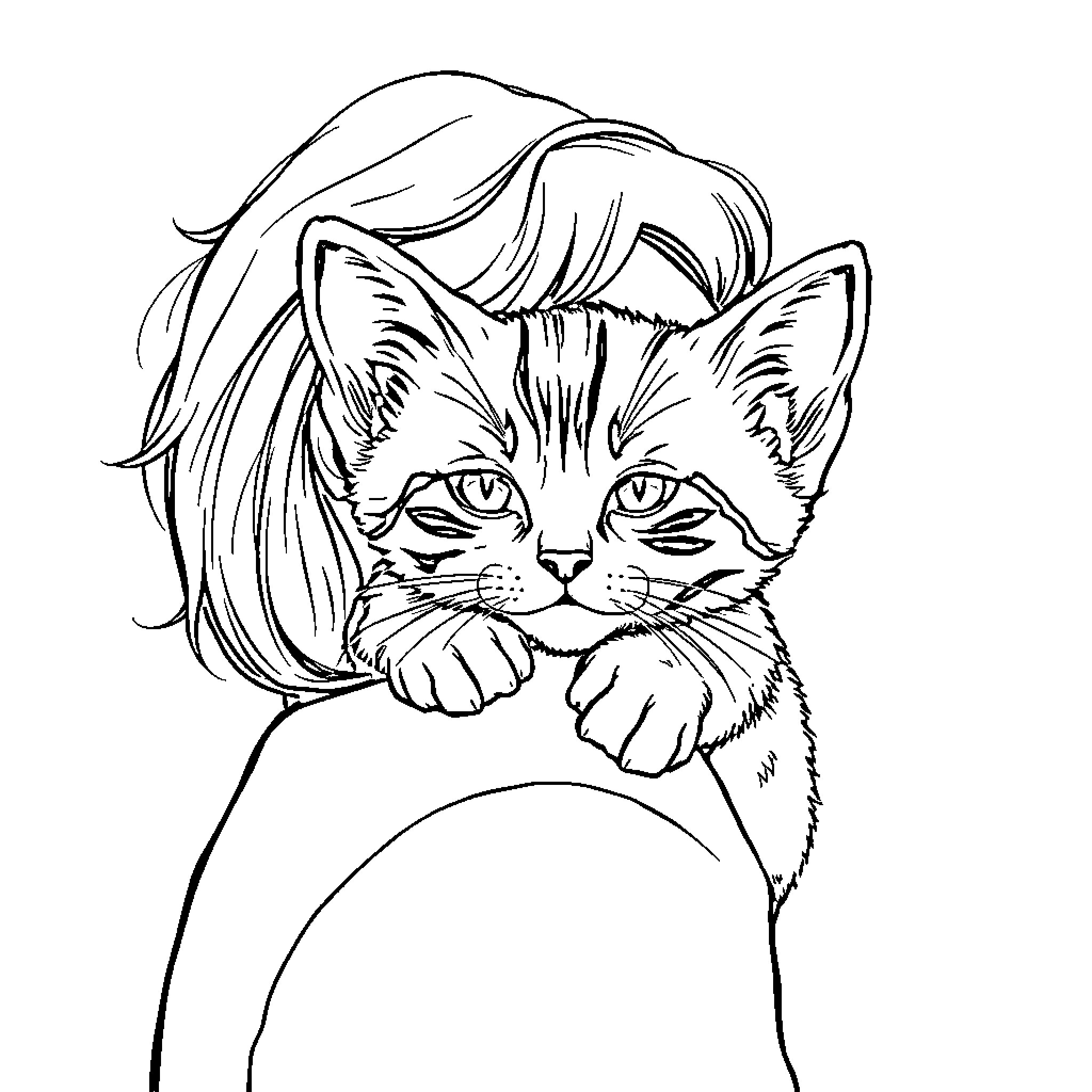 Wednesday Kitten peering curiously from behind Coloring Page (free black-and-white line drawing printable PDF for all, from beginners to advanced learners, including children, teens, adults, and seniors)