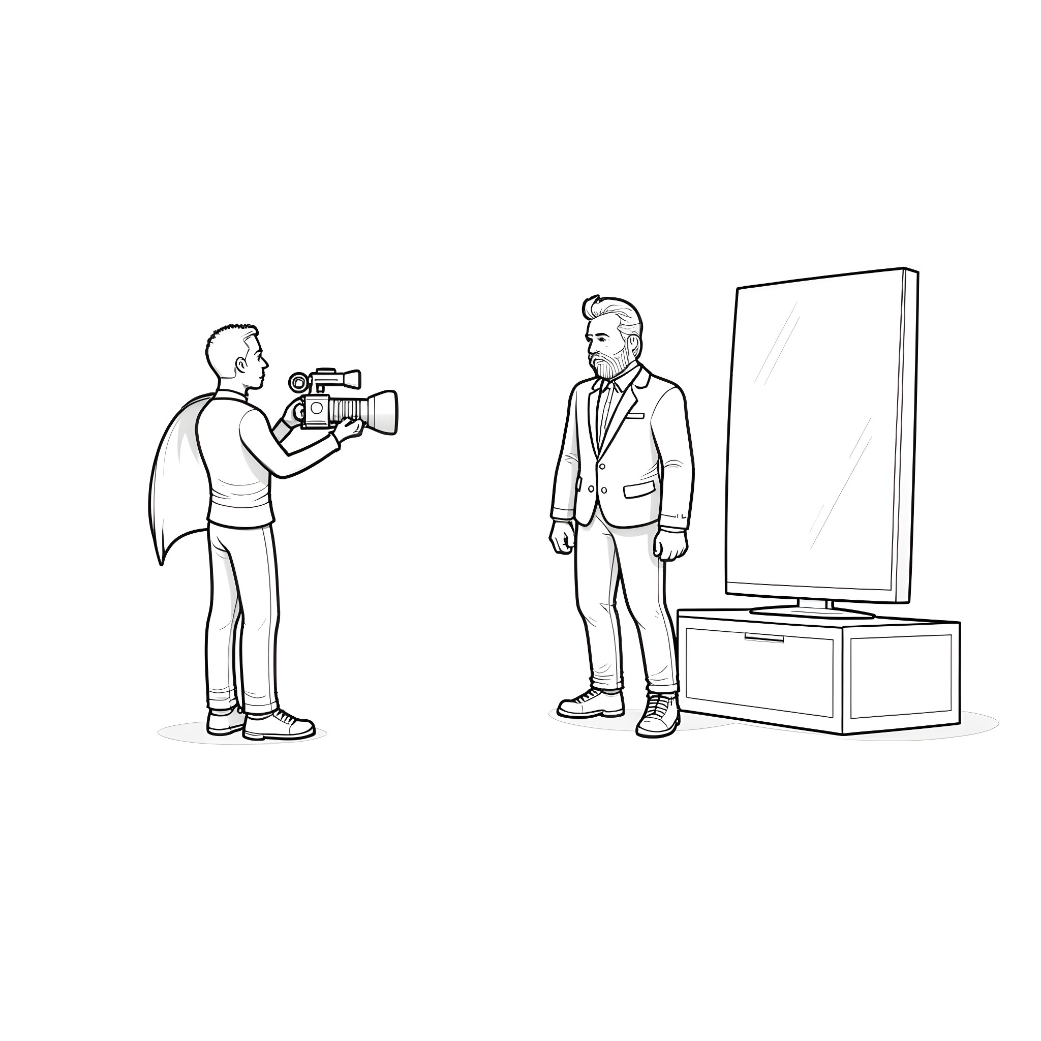 Titan Filming Man Observing Himself in Mirror Coloring Page (free black-and-white line drawing printable PDF for all, from beginners to advanced learners, including children, teens, adults, and seniors)