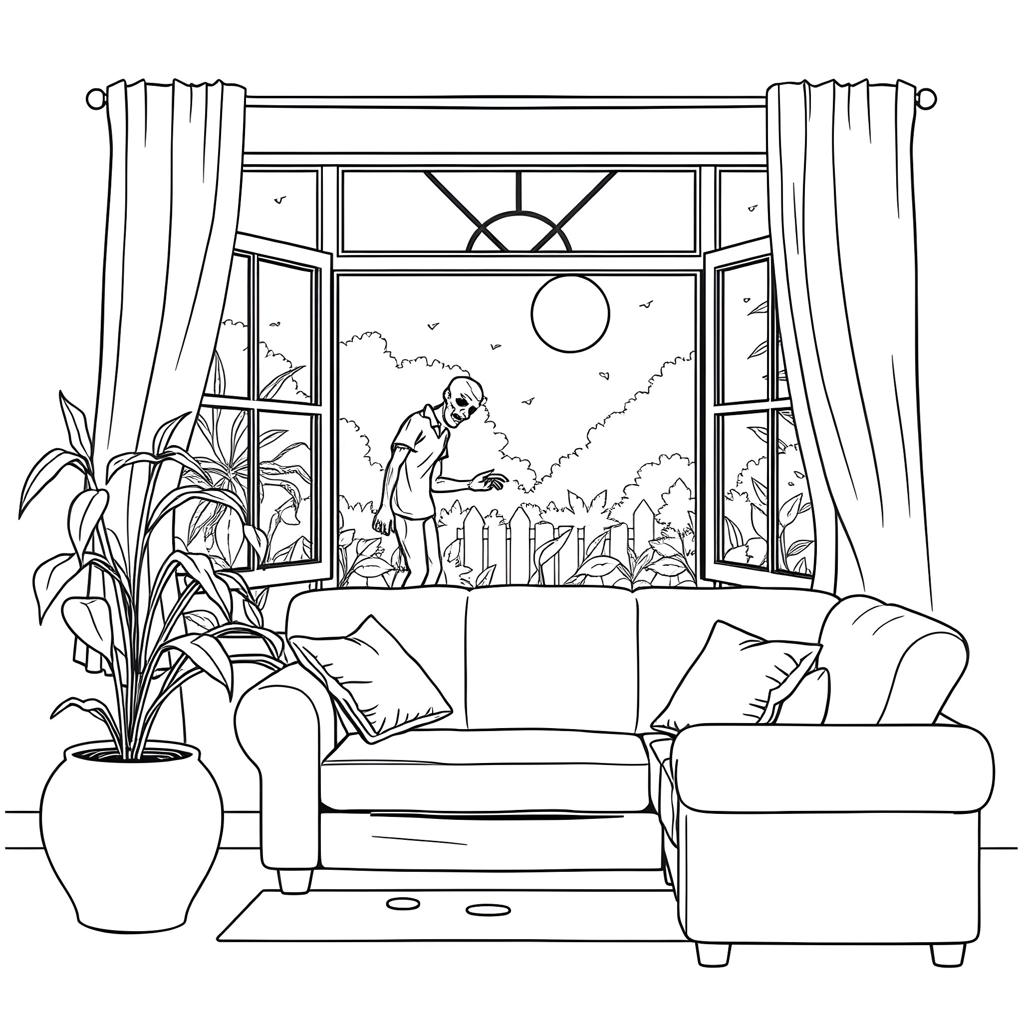 Zombie Enjoying the Sunset from the Window Coloring Page (free black-and-white line drawing printable PDF for all, from beginners to advanced learners, including children, teens, adults, and seniors)