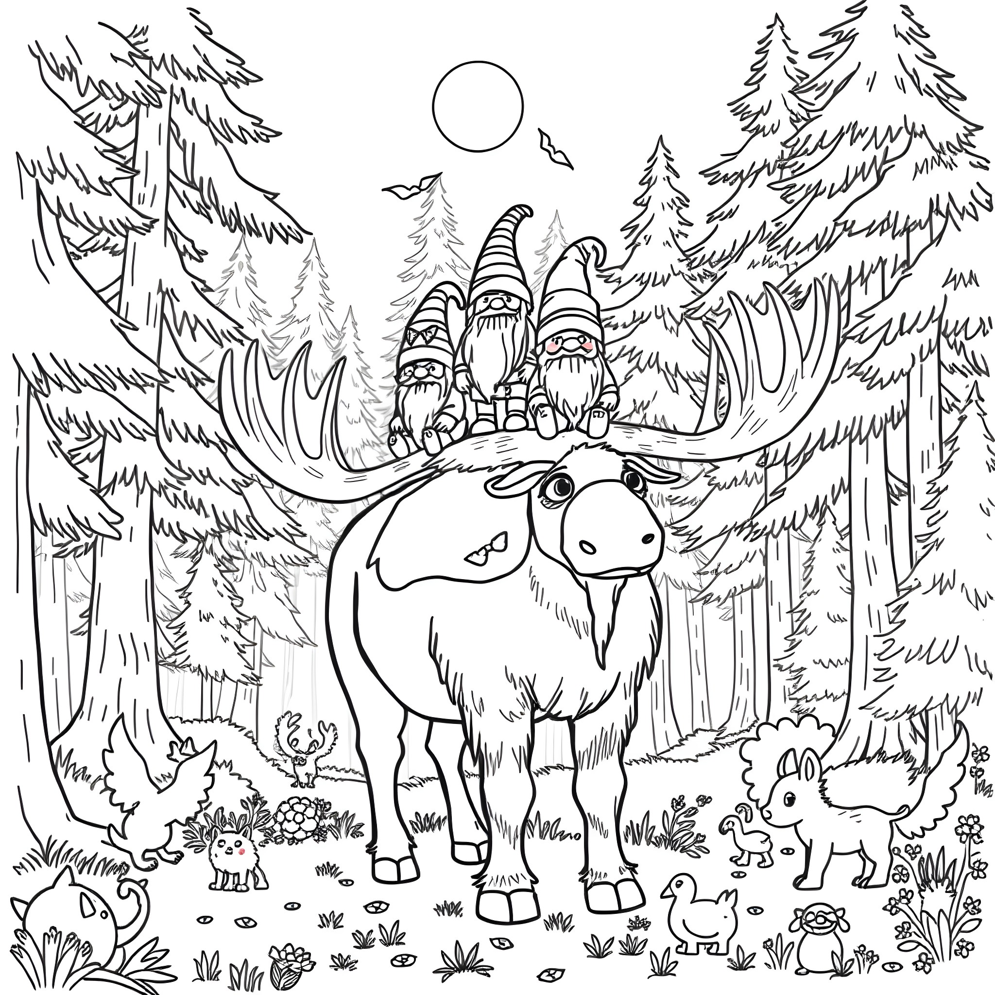 Gnome riding a magical moose in the forest Coloring Page (free black-and-white line drawing printable PDF for all, from beginners to advanced learners, including children, teens, adults, and seniors)