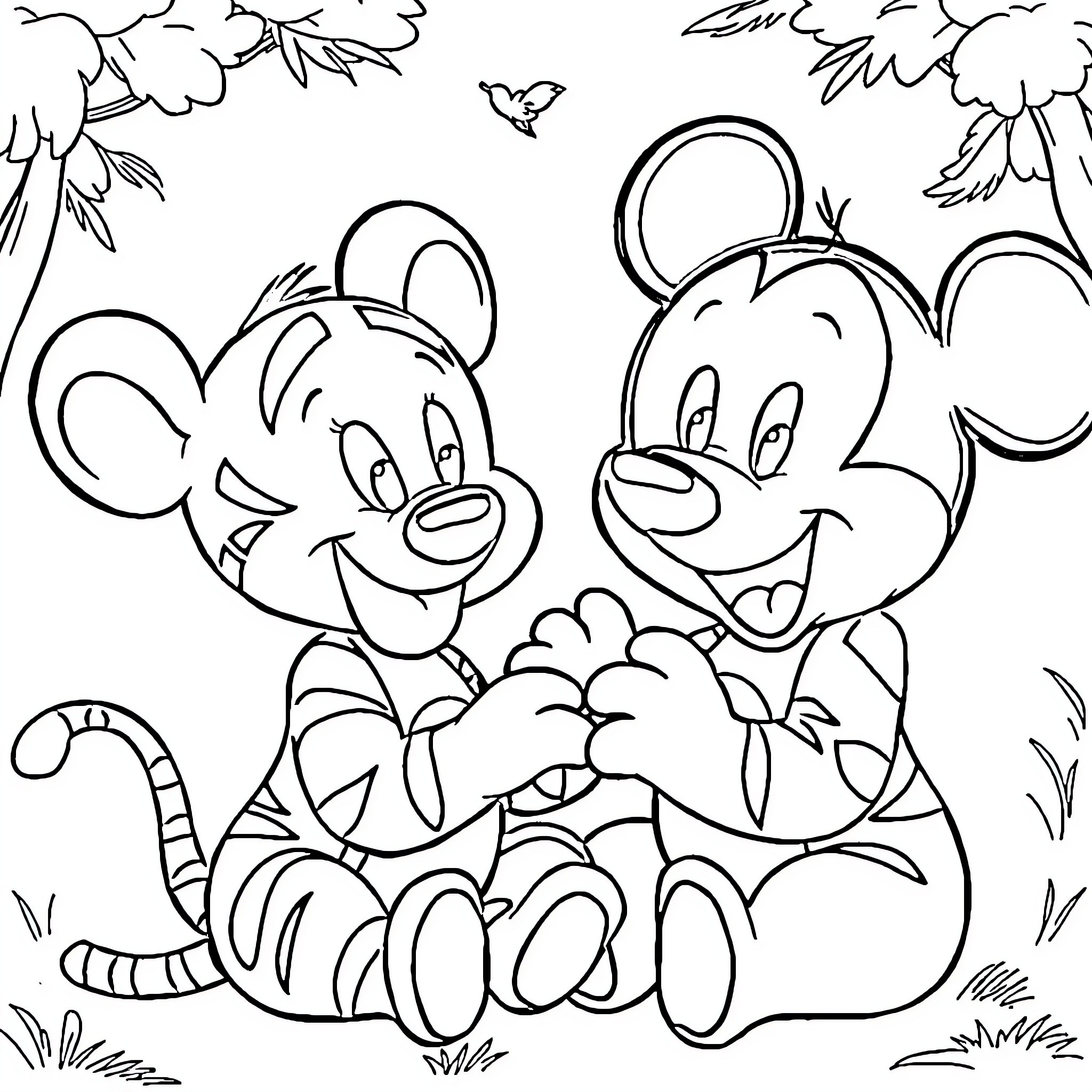 Tigger and Mickey enjoying nature Coloring Page (free black-and-white line drawing printable PDF for all, from beginners to advanced learners, including children, teens, adults, and seniors)