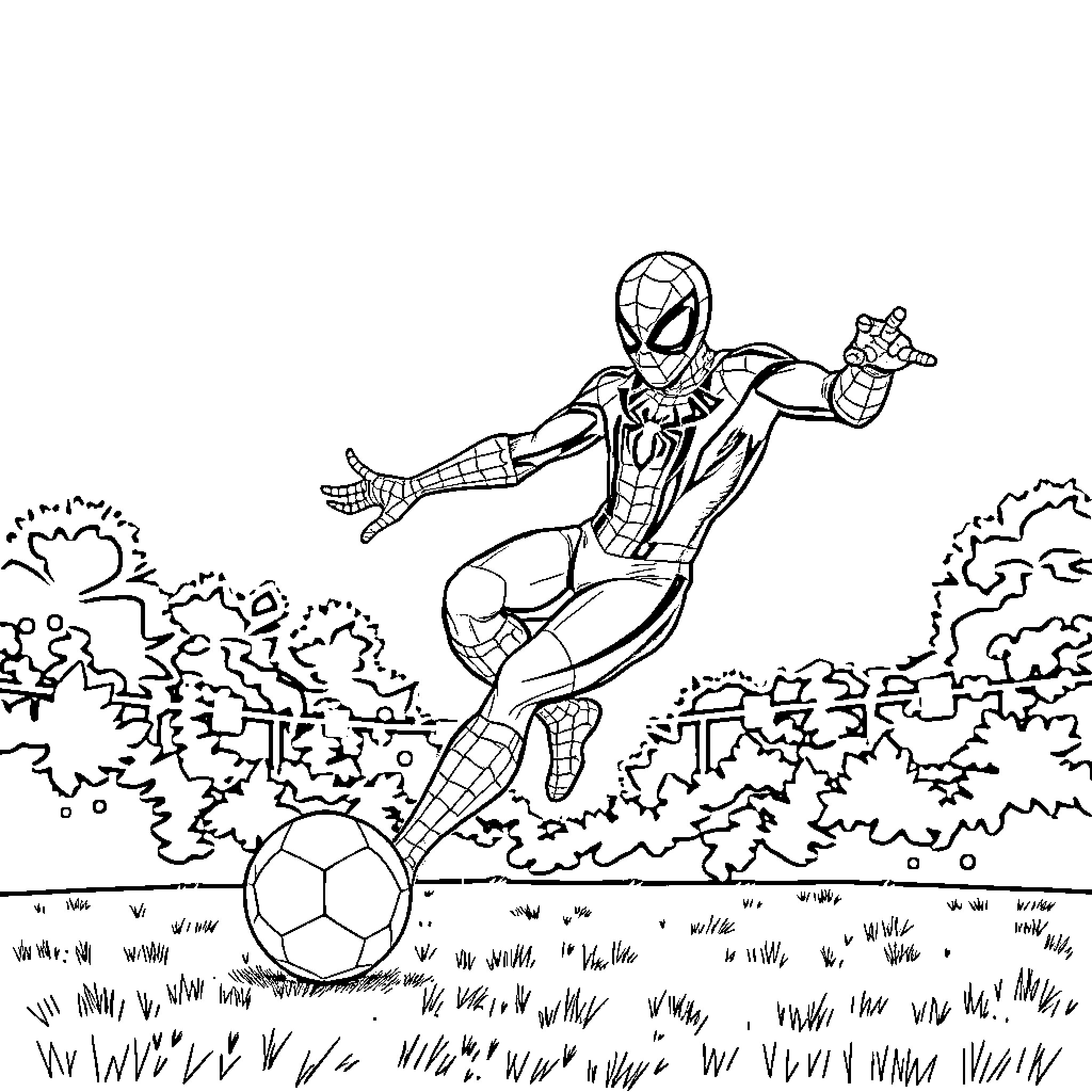 Spiderman playing soccer in a grassy field Coloring Page (free black-and-white line drawing printable PDF for all, from beginners to advanced learners, including children, teens, adults, and seniors)
