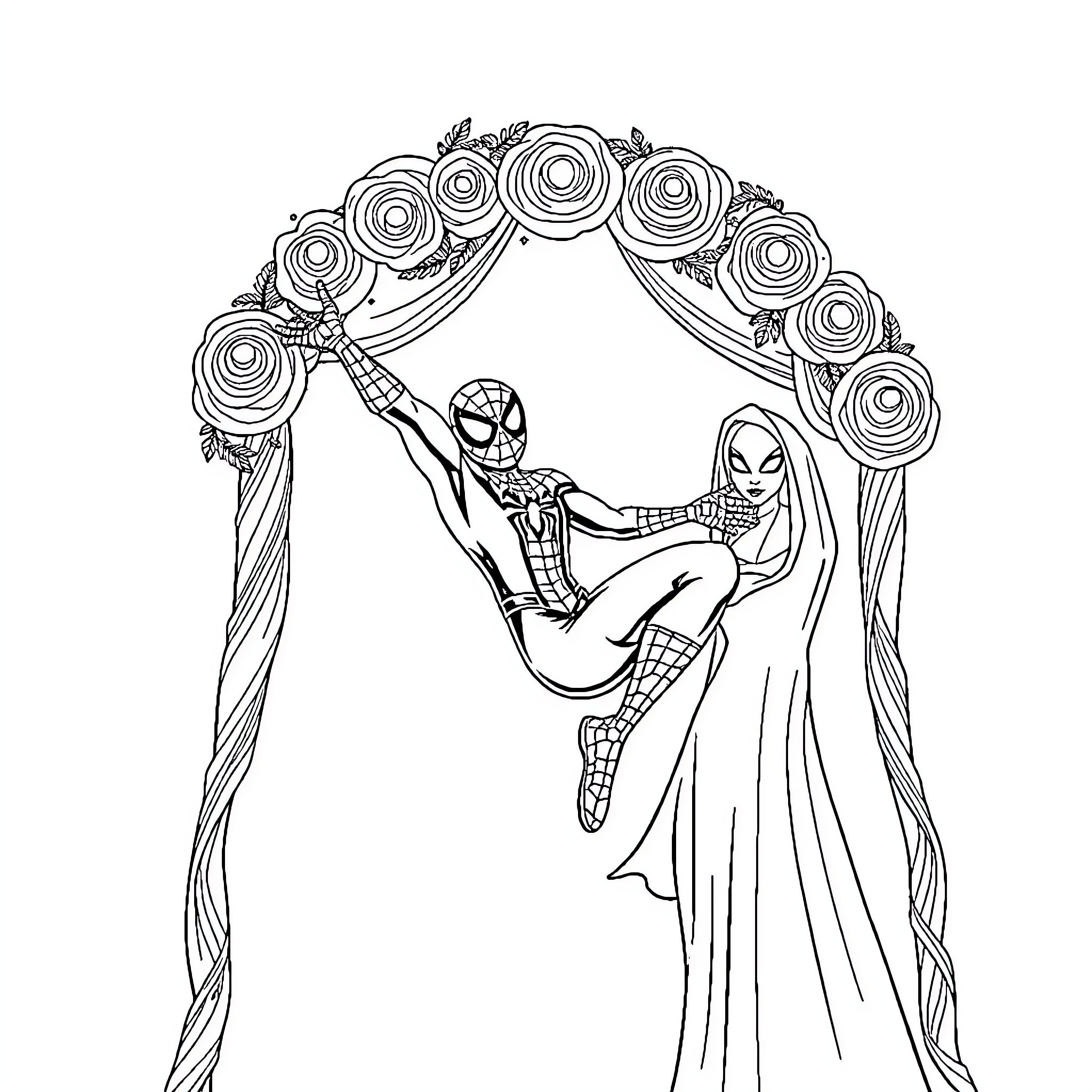 Spider-Man swinging through a floral archway Coloring Page (free black-and-white line drawing printable PDF for all, from beginners to advanced learners, including children, teens, adults, and seniors)