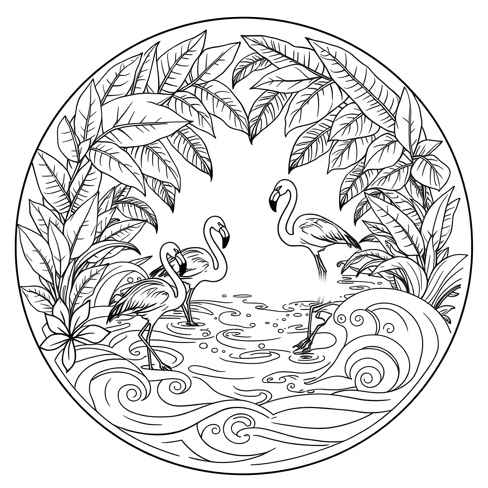 Flamingos in a Tropical Paradise Coloring Page (free black-and-white line drawing printable PDF for all, from beginners to advanced learners, including children, teens, adults, and seniors)