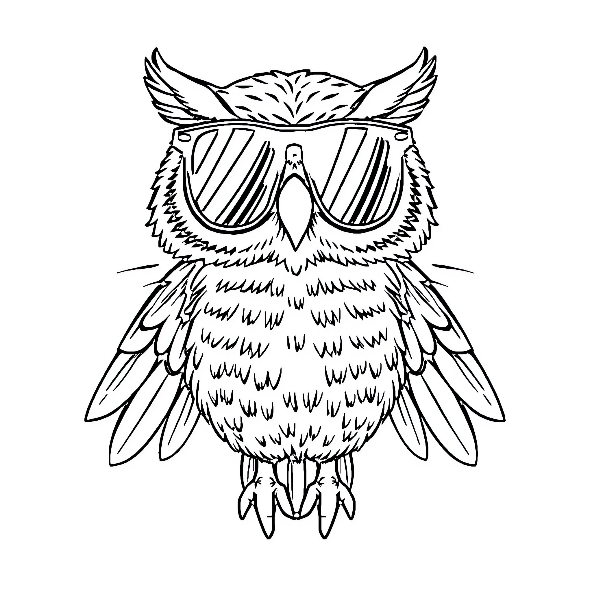 Owl wearing stylish sunglasses Coloring Page (free black-and-white line drawing printable PDF for all, from beginners to advanced learners, including children, teens, adults, and seniors)