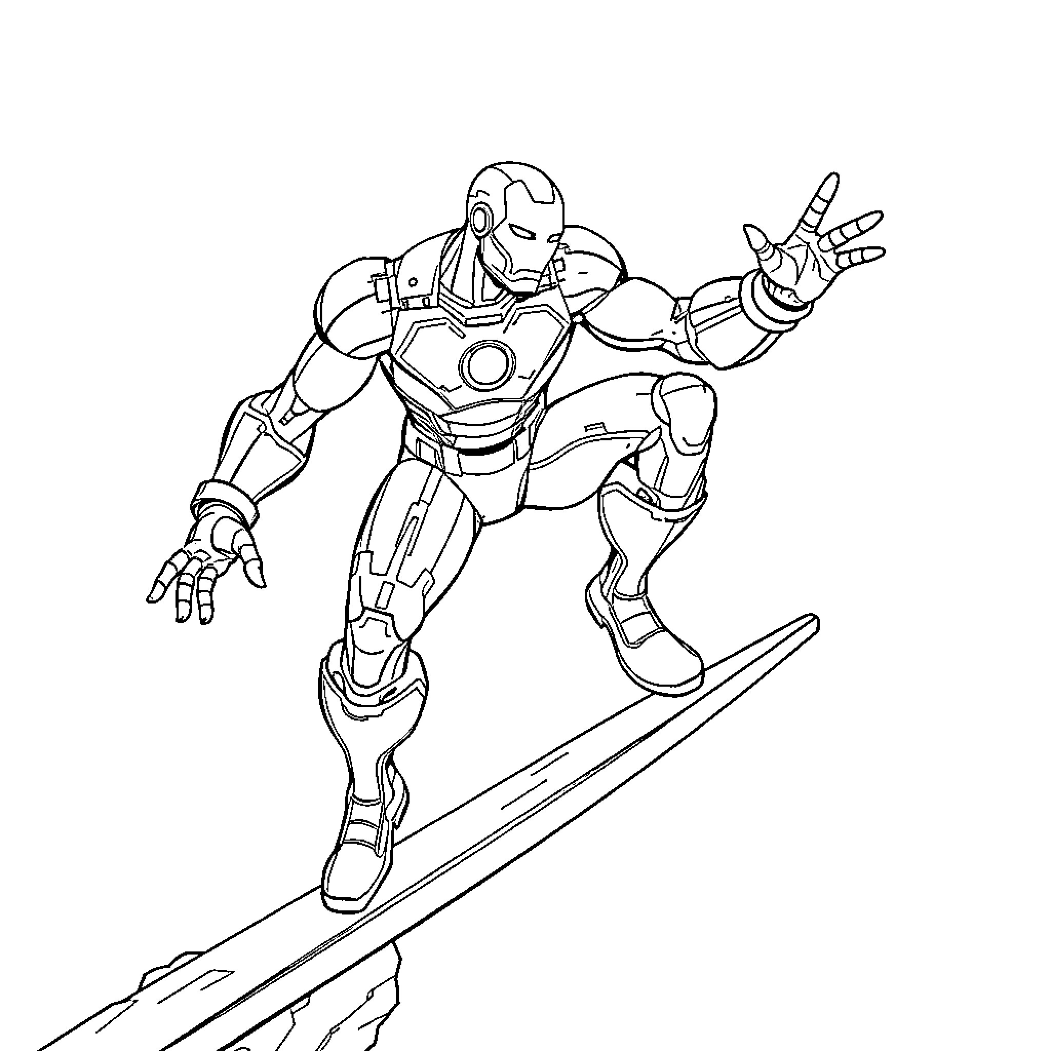Iron Man soaring through the air in action Coloring Page (free black-and-white line drawing printable PDF for all, from beginners to advanced learners, including children, teens, adults, and seniors)