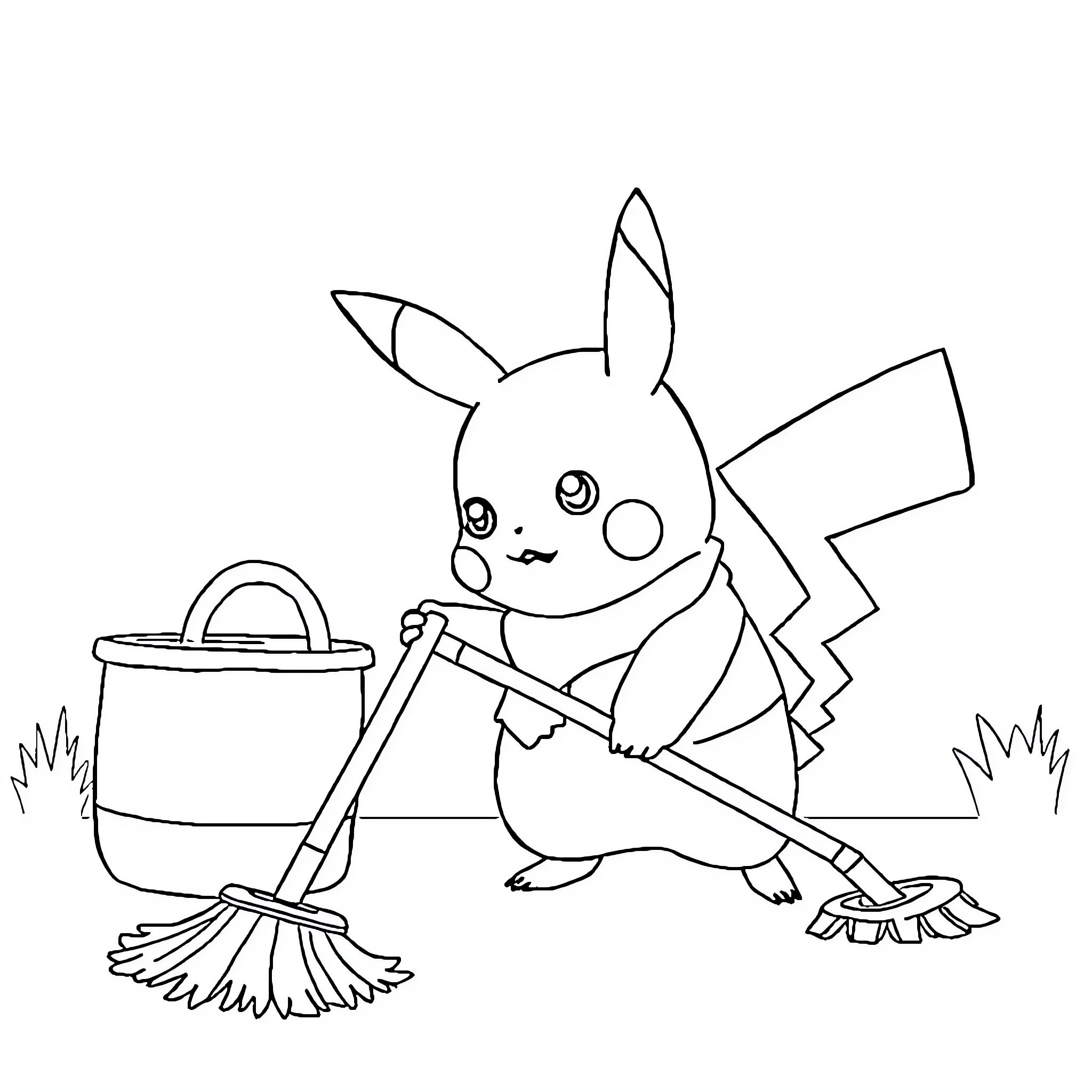 Pikachu sweeping and cleaning up Coloring Page (free black-and-white line drawing printable PDF for all, from beginners to advanced learners, including children, teens, adults, and seniors)