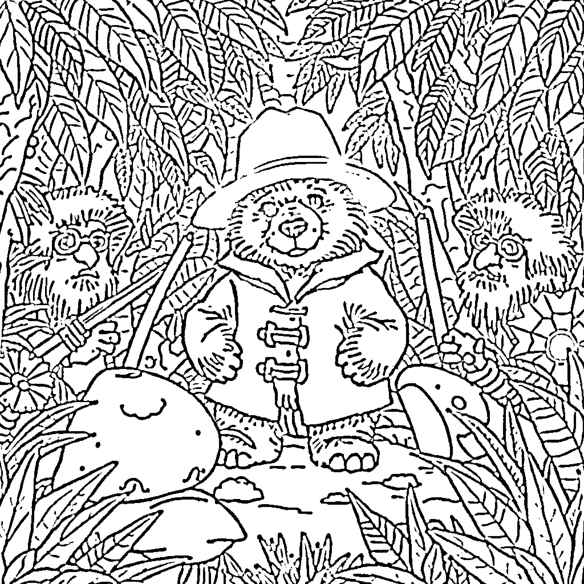 Paddington Bear Explores the Lush Jungle Landscape Coloring Page (free black-and-white line drawing printable PDF for all, from beginners to advanced learners, including children, teens, adults, and seniors)