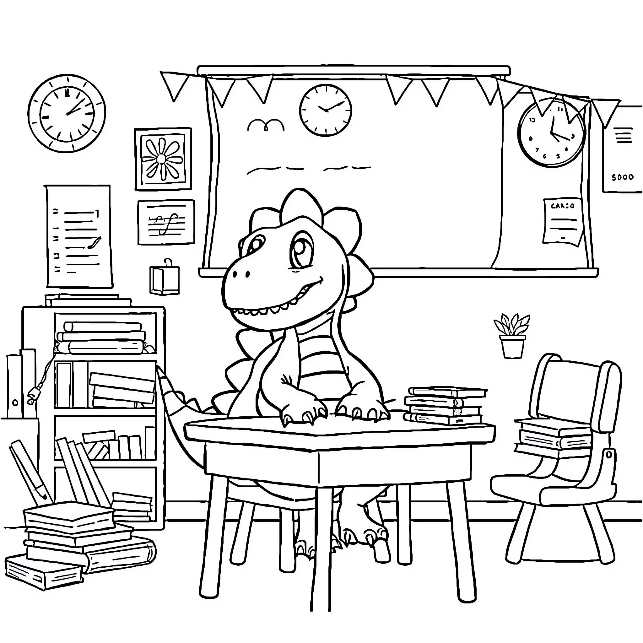 Dinosaur learning in a classroom setting Coloring Page (free black-and-white line drawing printable PDF for all, from beginners to advanced learners, including children, teens, adults, and seniors)