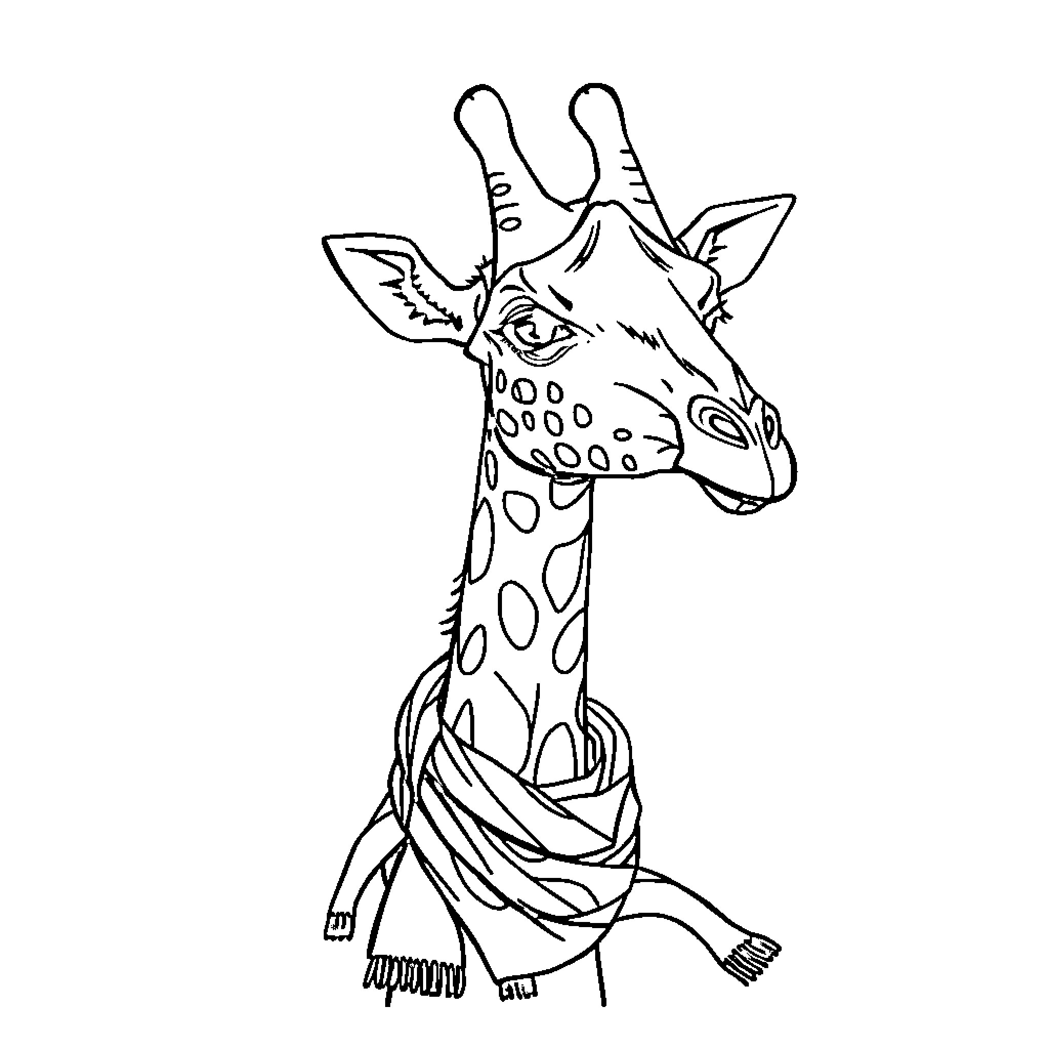 Giraffe wearing a cozy scarf Coloring Page (free black-and-white line drawing printable PDF for all, from beginners to advanced learners, including children, teens, adults, and seniors)