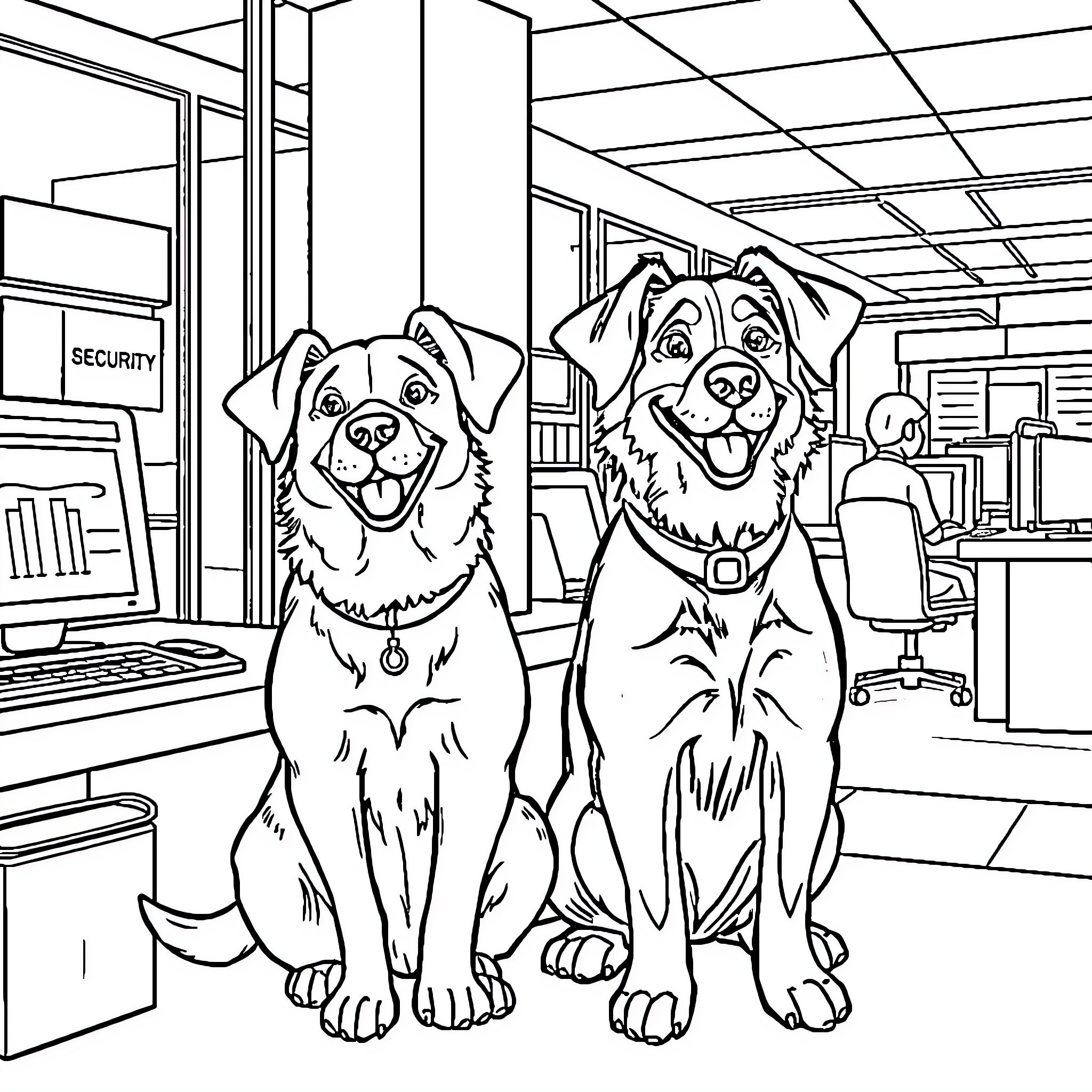 Dog Security Guards Watching Over an Office Coloring Page (free black-and-white line drawing printable PDF for all, from beginners to advanced learners, including children, teens, adults, and seniors)