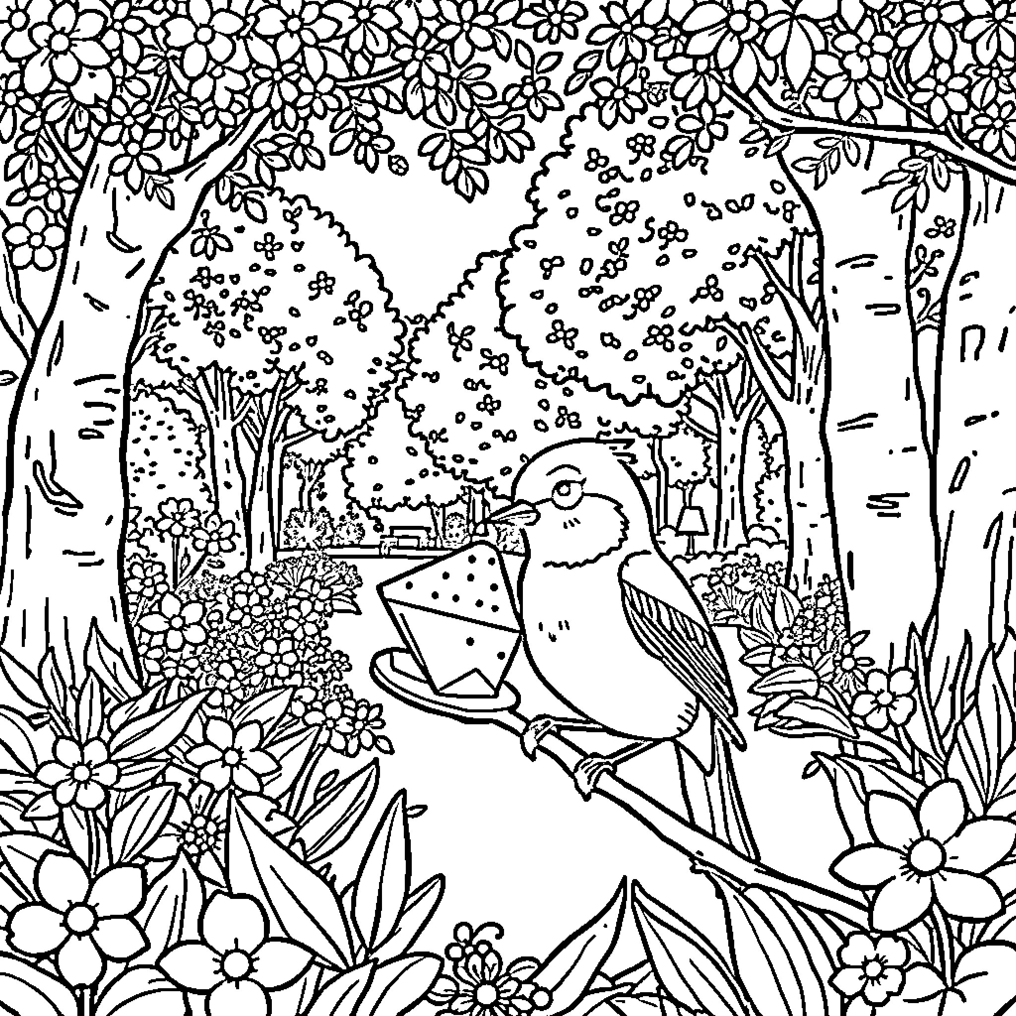 Ladybug enjoying the floral garden Coloring Page (free black-and-white line drawing printable PDF for all, from beginners to advanced learners, including children, teens, adults, and seniors)