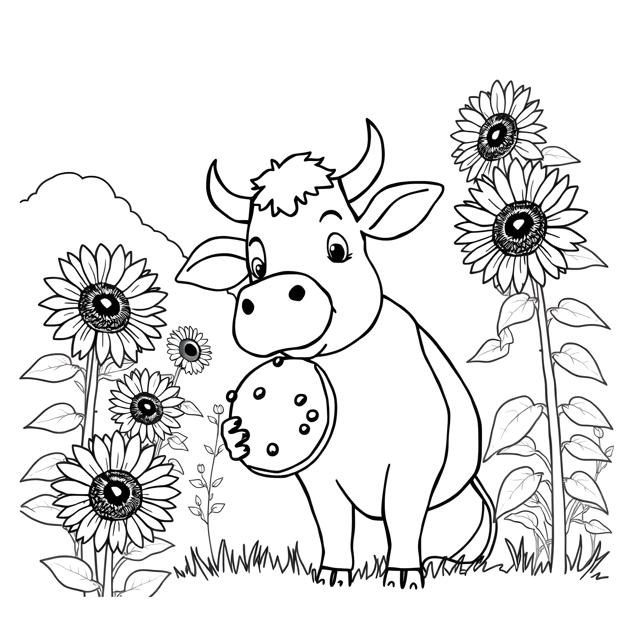 Cow surrounded by sunflowers in a field Coloring Page (free black-and-white line drawing printable PDF for all, from beginners to advanced learners, including children, teens, adults, and seniors)