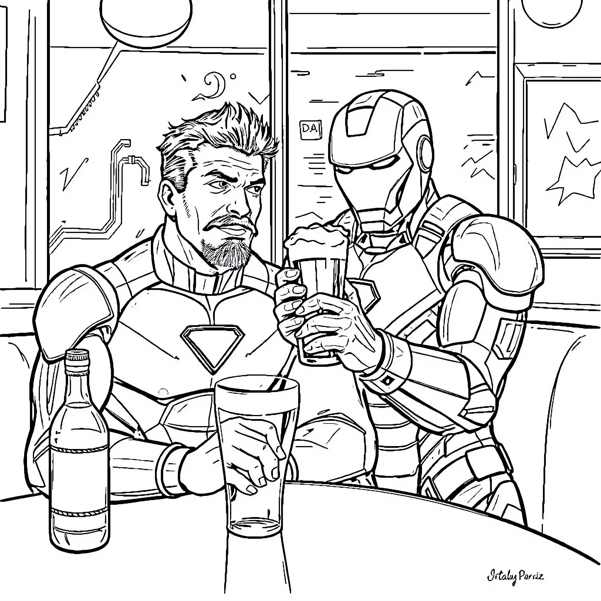 Diomedes Diaz and Iron Man relaxing after a mission Coloring Page (free black-and-white line drawing printable PDF for all, from beginners to advanced learners, including children, teens, adults, and seniors)