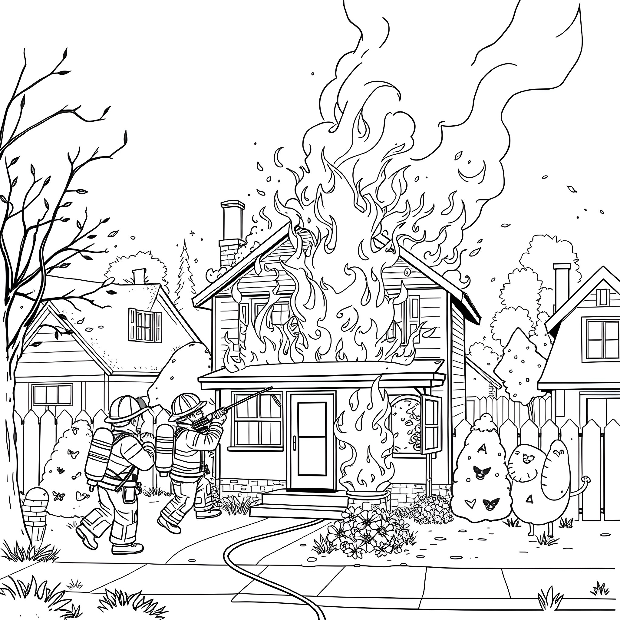 Firefighter bravely battling blazing house in neighborhood Coloring Page (free black-and-white line drawing printable PDF for all, from beginners to advanced learners, including children, teens, adults, and seniors)