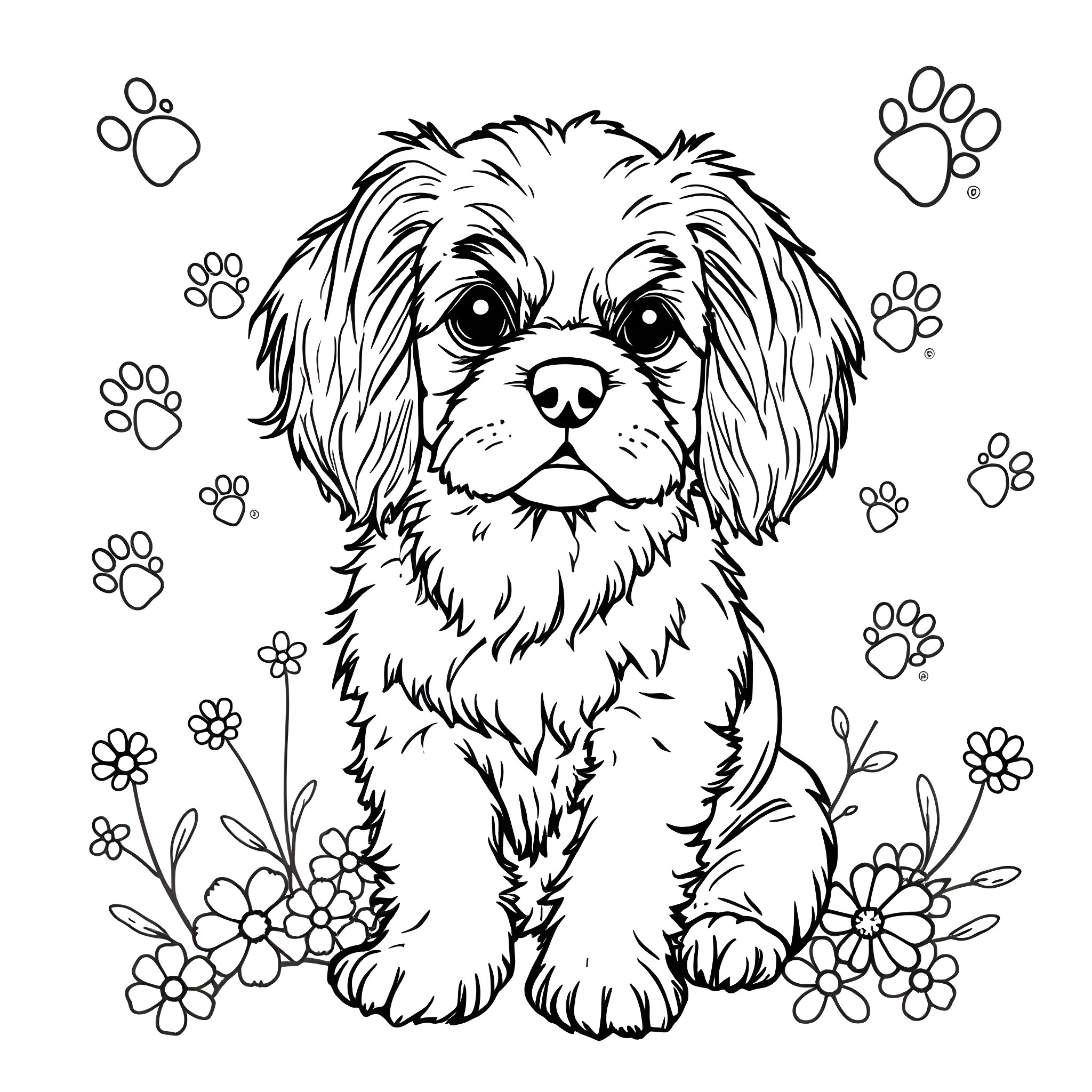 King Charles Cavalier puppy sitting amidst flowers Coloring Page (free black-and-white line drawing printable PDF for all, from beginners to advanced learners, including children, teens, adults, and seniors)