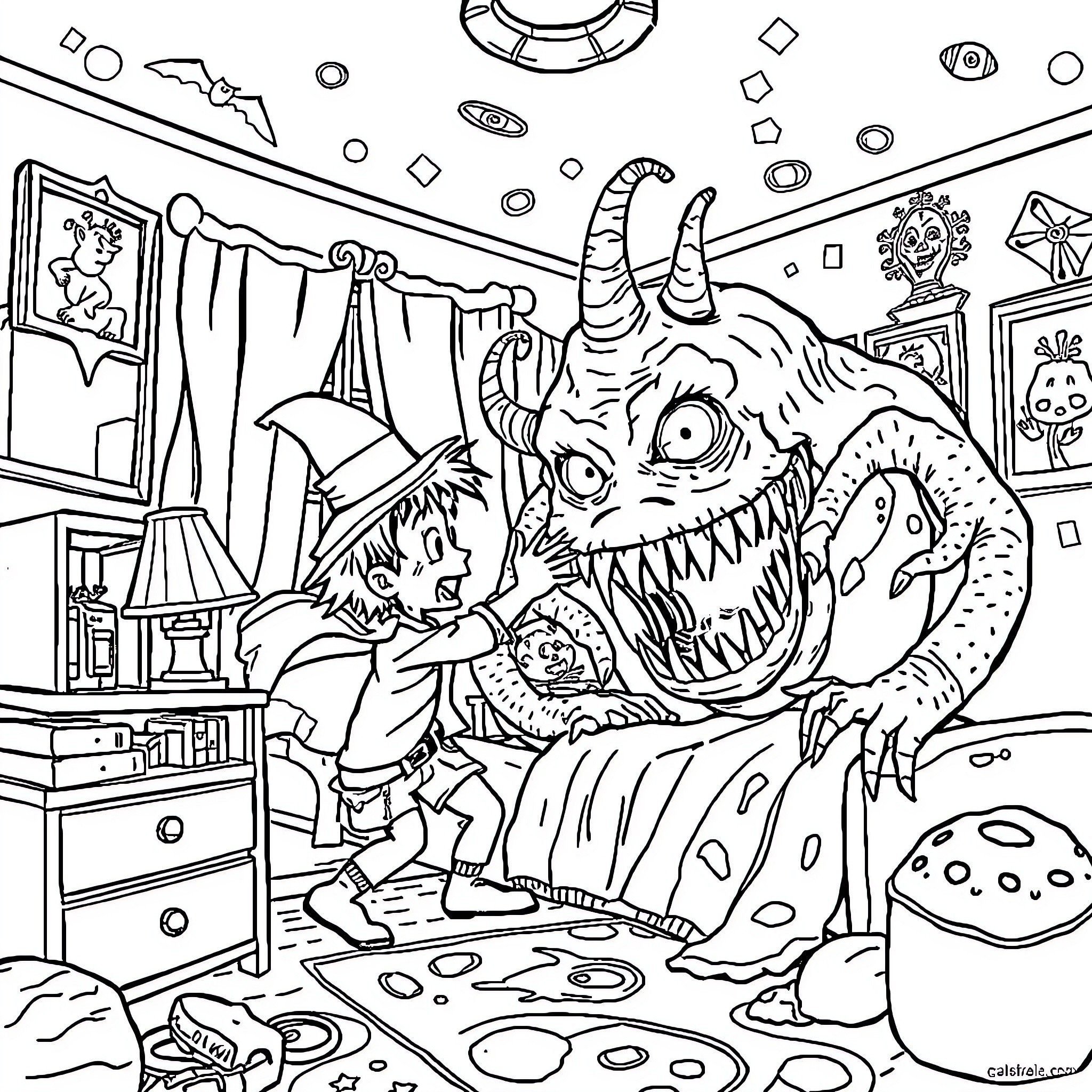 Oui-oui Boy encounters a monstrous creature in a chaotic room Coloring Page (free black-and-white line drawing printable PDF for all, from beginners to advanced learners, including children, teens, adults, and seniors)