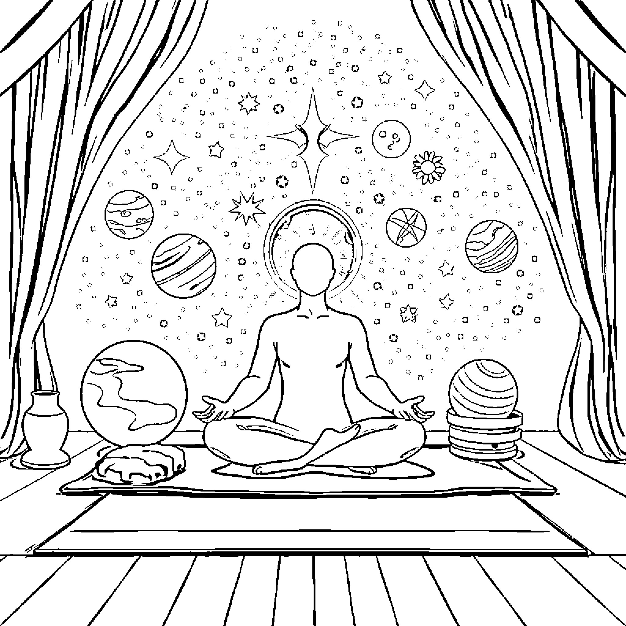 Psychic meditating in cosmic space Coloring Page (free black-and-white line drawing printable PDF for all, from beginners to advanced learners, including children, teens, adults, and seniors)