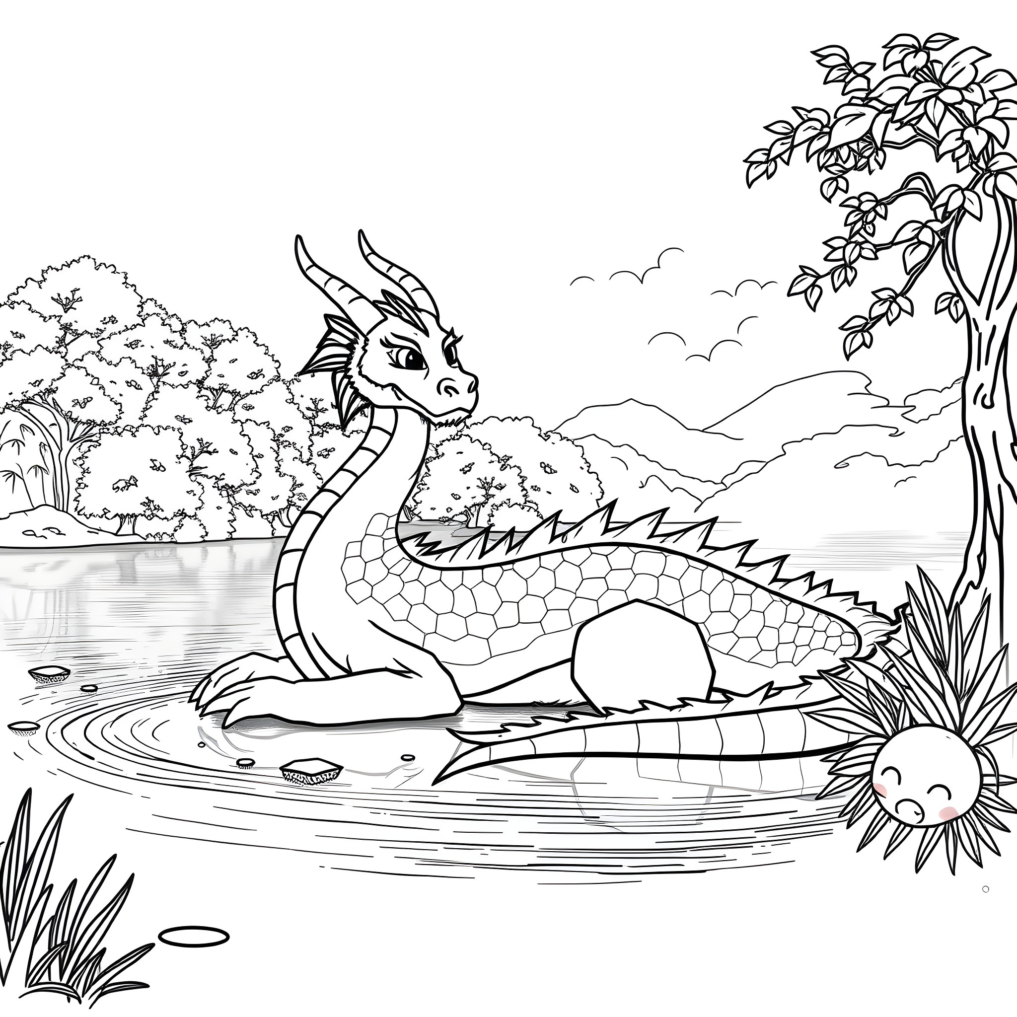 Dragon resting peacefully by the river in a serene landscape Coloring Page (free black-and-white line drawing printable PDF for all, from beginners to advanced learners, including children, teens, adults, and seniors)