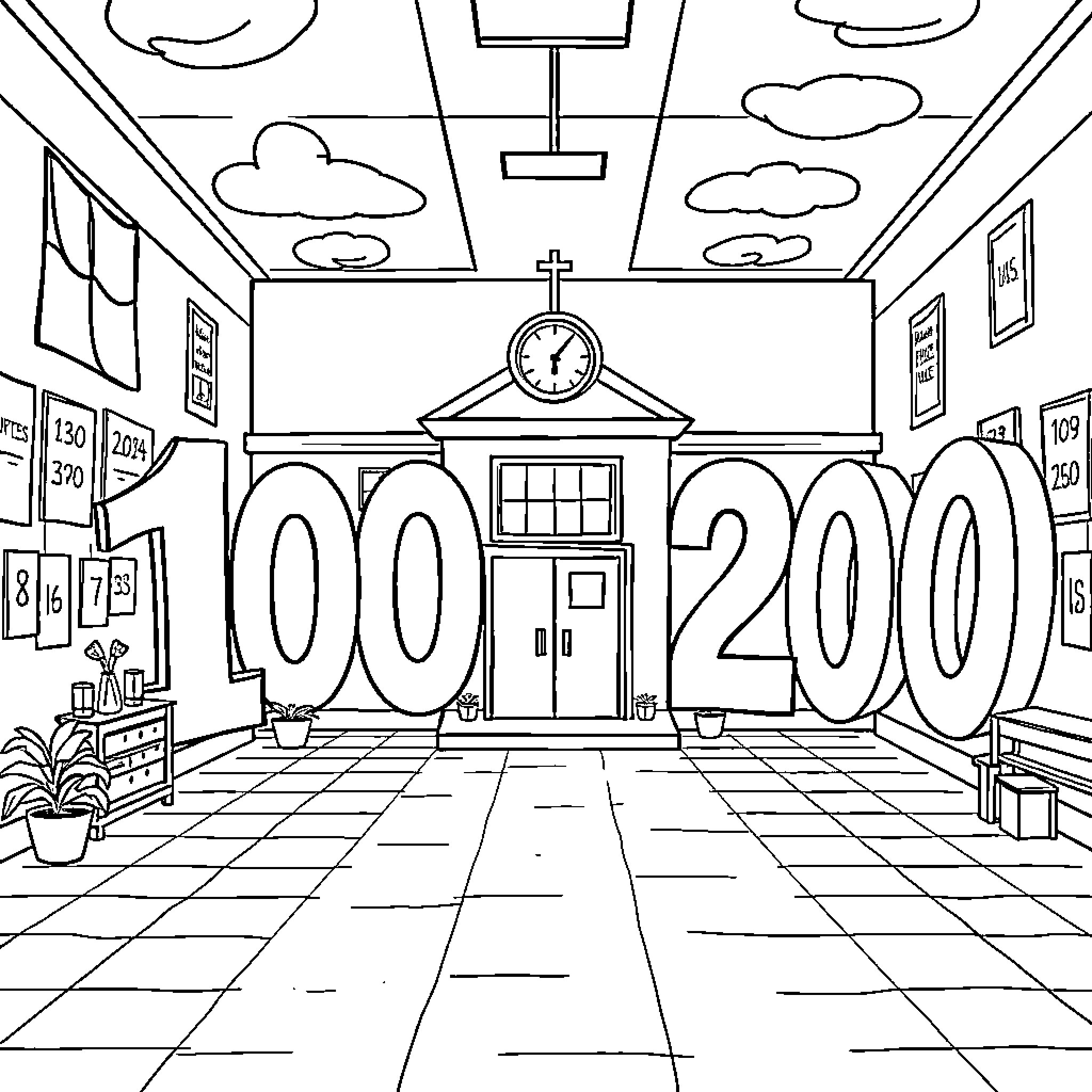Number School Classroom with Time and Numerical Elements Coloring Page (free black-and-white line drawing printable PDF for all, from beginners to advanced learners, including children, teens, adults, and seniors)