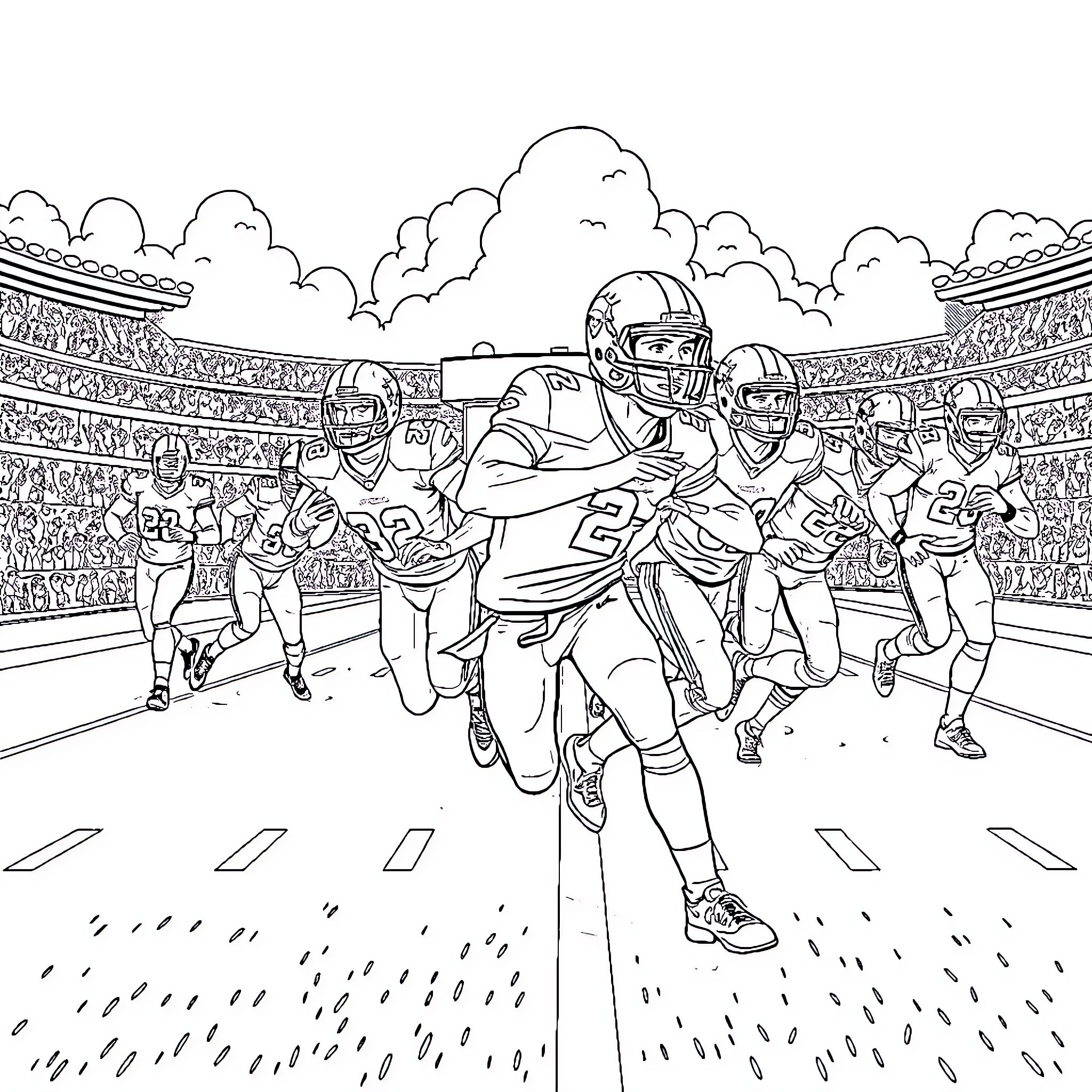 Dolphin Players Racing to the End Zone Coloring Page (free black-and-white line drawing printable PDF for all, from beginners to advanced learners, including children, teens, adults, and seniors)