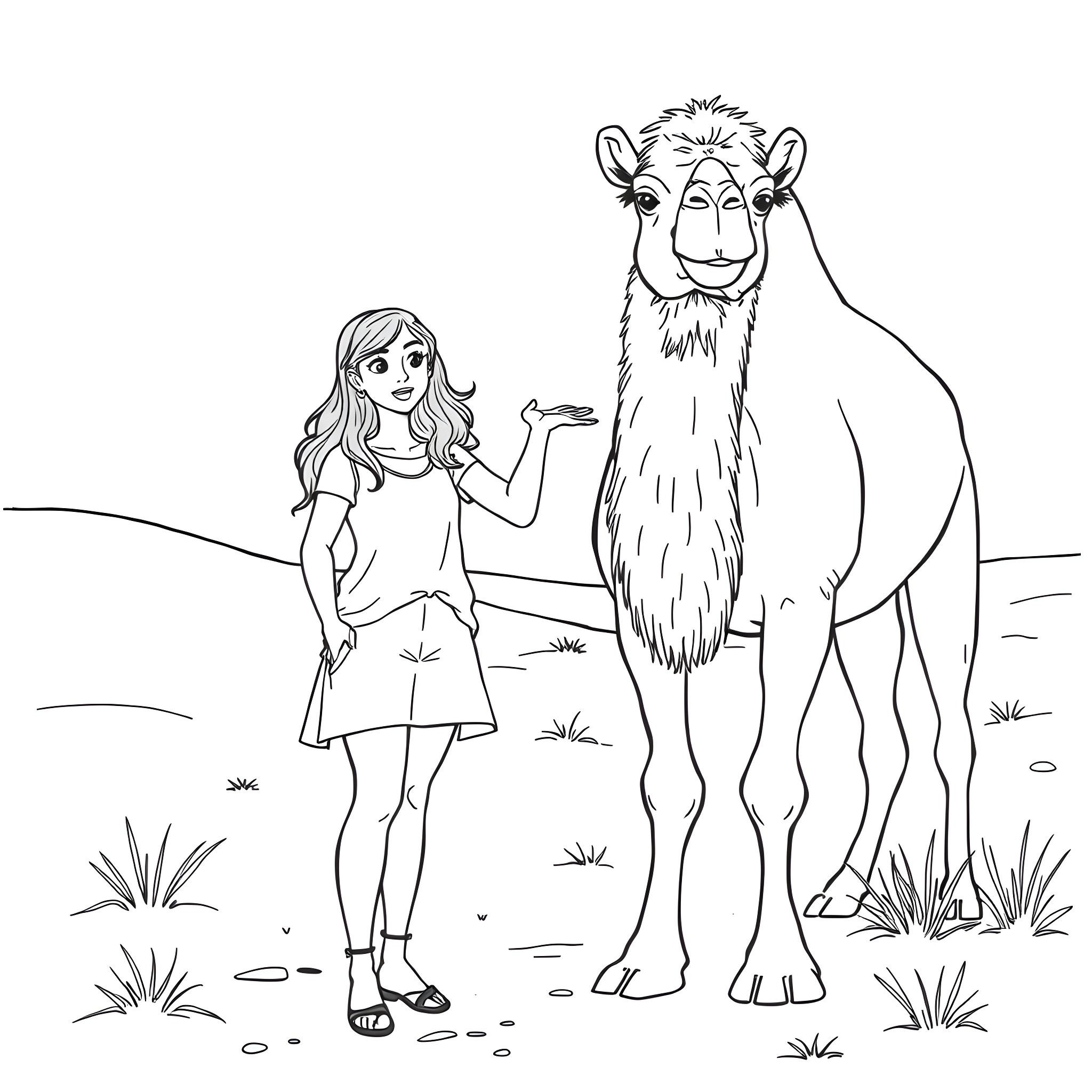 Amy Slaton posing with a camel in the desert Coloring Page (free black-and-white line drawing printable PDF for all, from beginners to advanced learners, including children, teens, adults, and seniors)