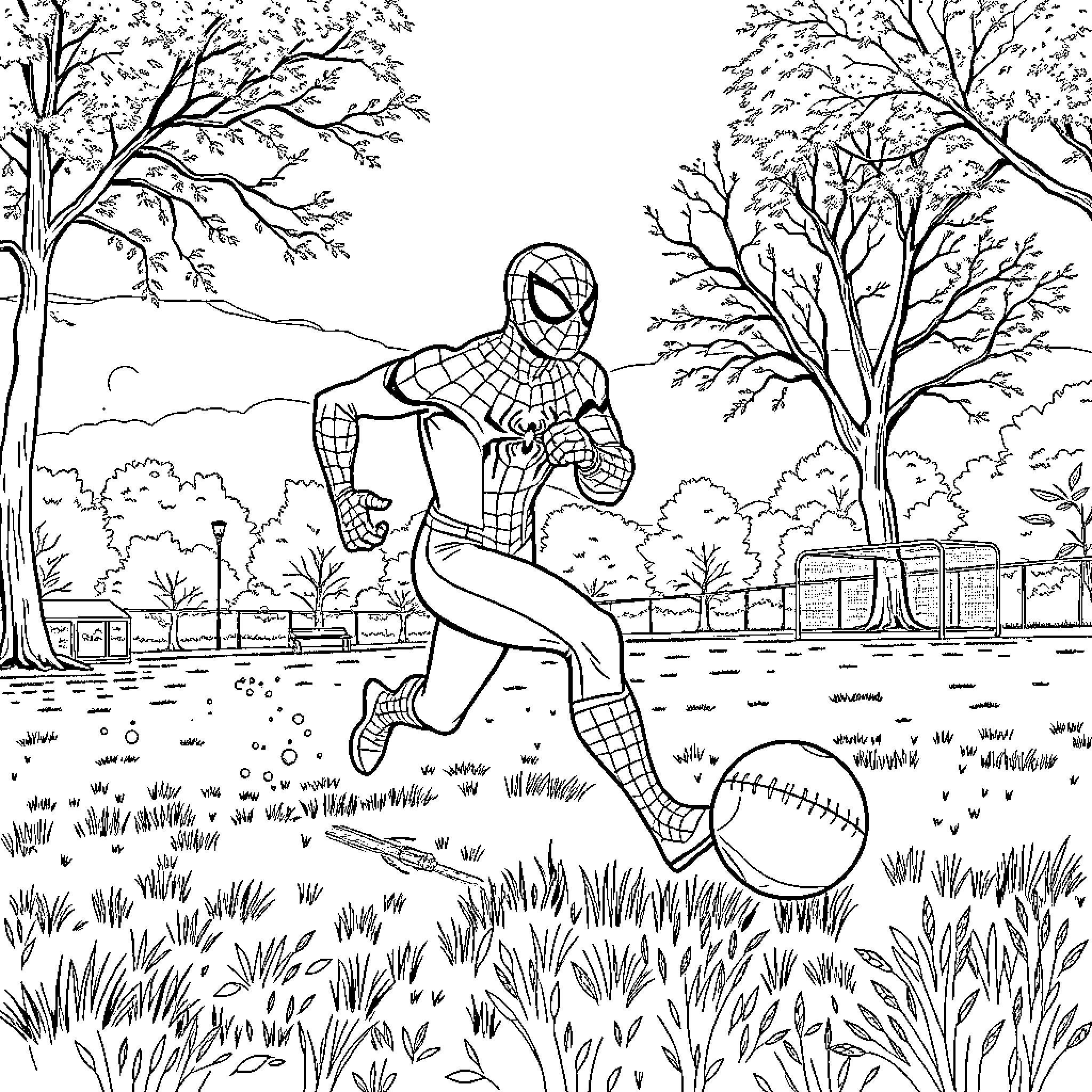 Spiderman swinging through a park Coloring Page (free black-and-white line drawing printable PDF for all, from beginners to advanced learners, including children, teens, adults, and seniors)