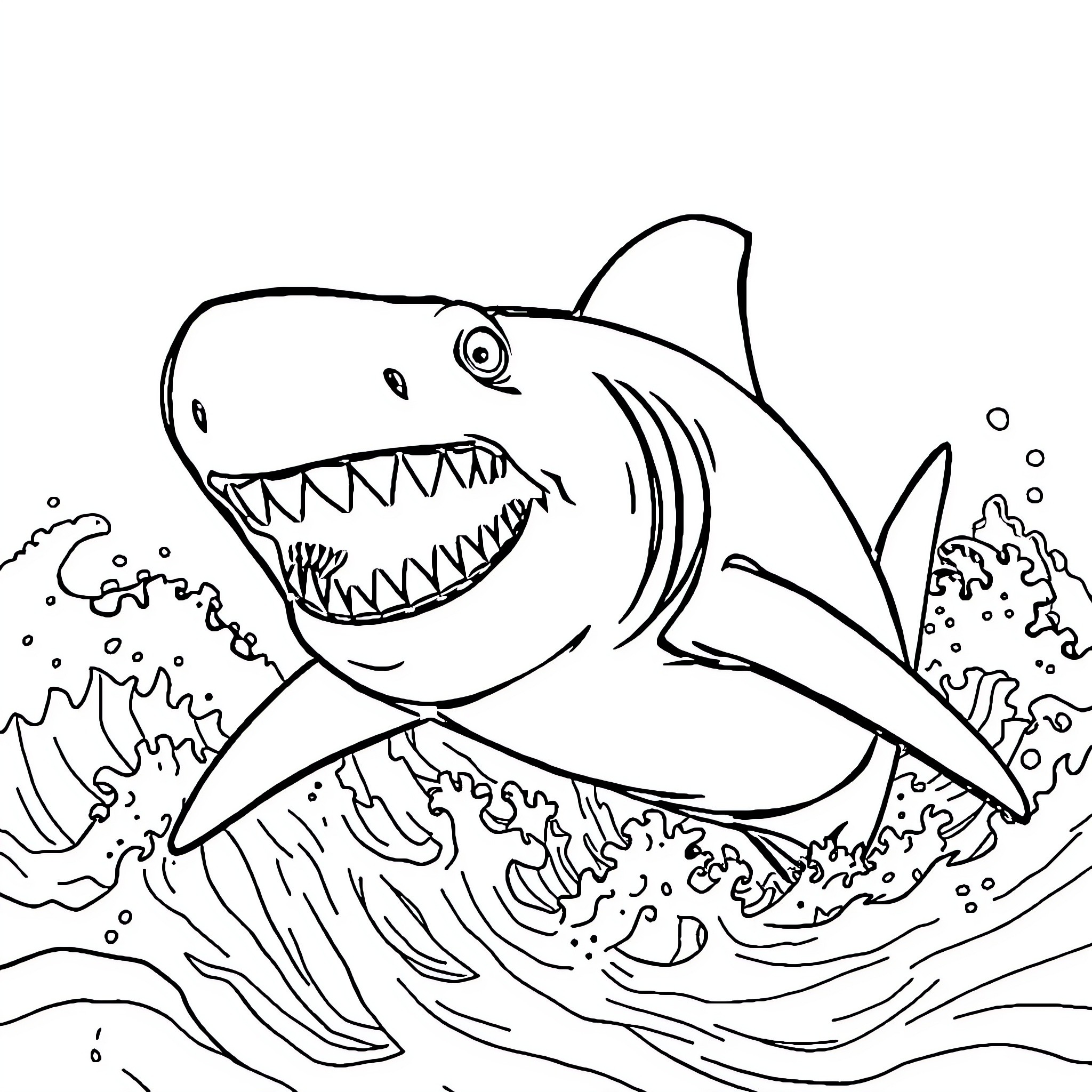 King Shark chomping through the waves Coloring Page (free black-and-white line drawing printable PDF for all, from beginners to advanced learners, including children, teens, adults, and seniors)