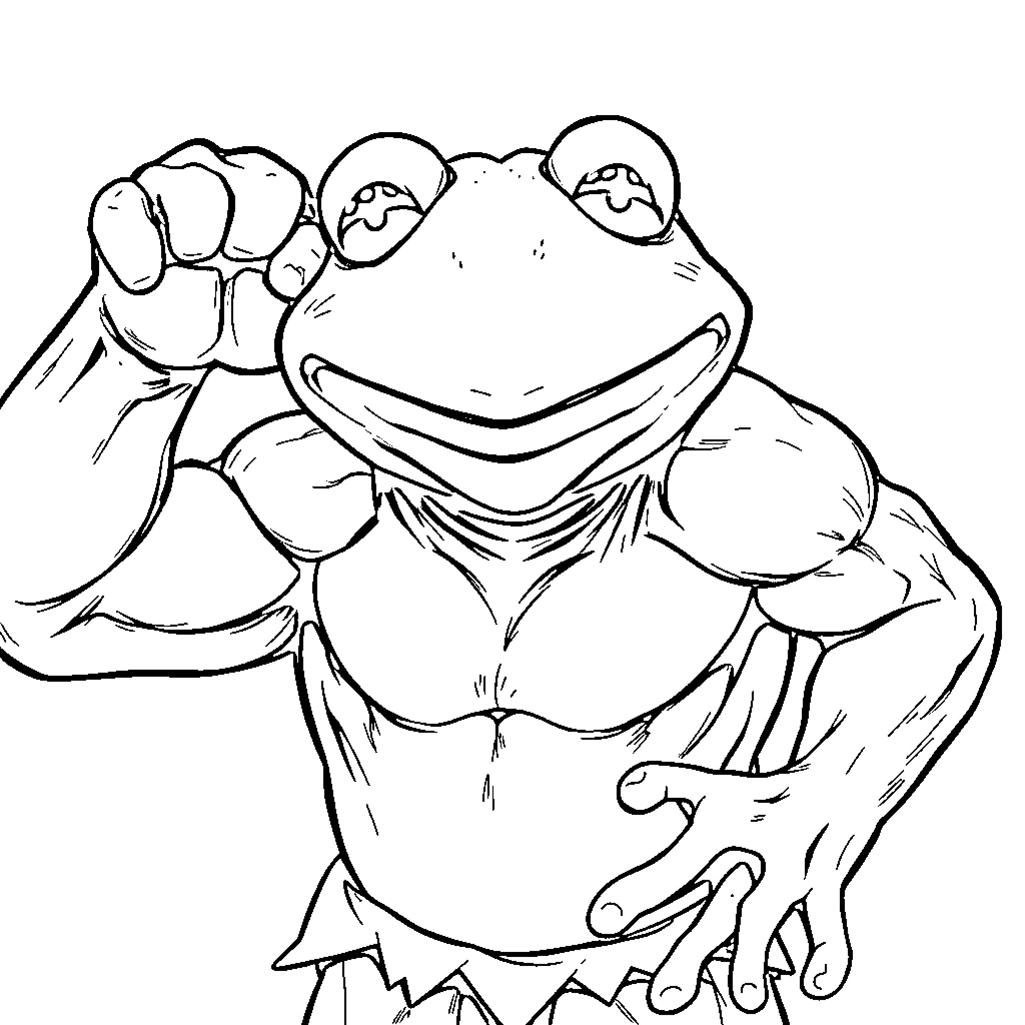 Kermit the Frog flexing his muscles Coloring Page (free black-and-white line drawing printable PDF for all, from beginners to advanced learners, including children, teens, adults, and seniors)