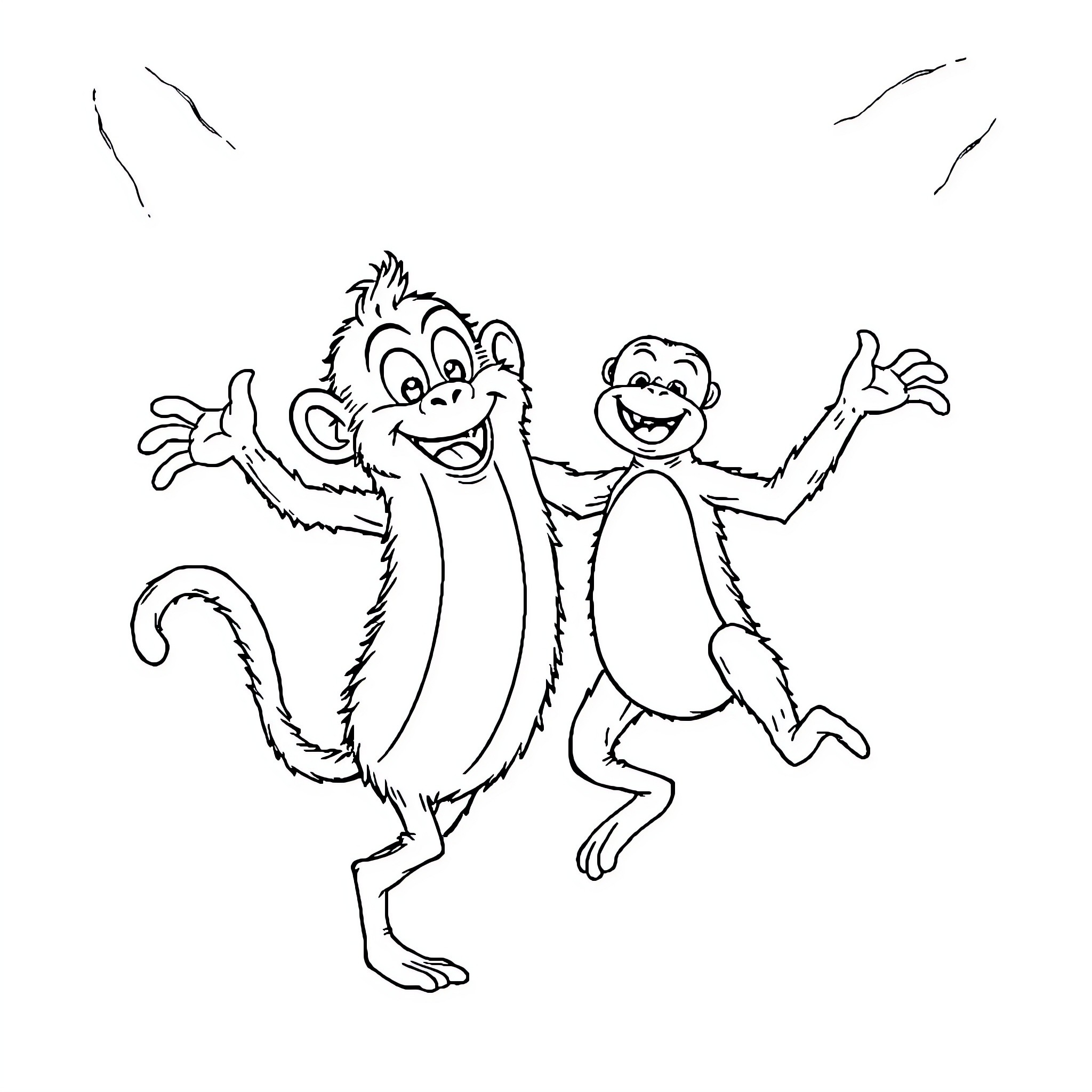 Cucumber monkeys dancing and playing happily Coloring Page (free black-and-white line drawing printable PDF for all, from beginners to advanced learners, including children, teens, adults, and seniors)