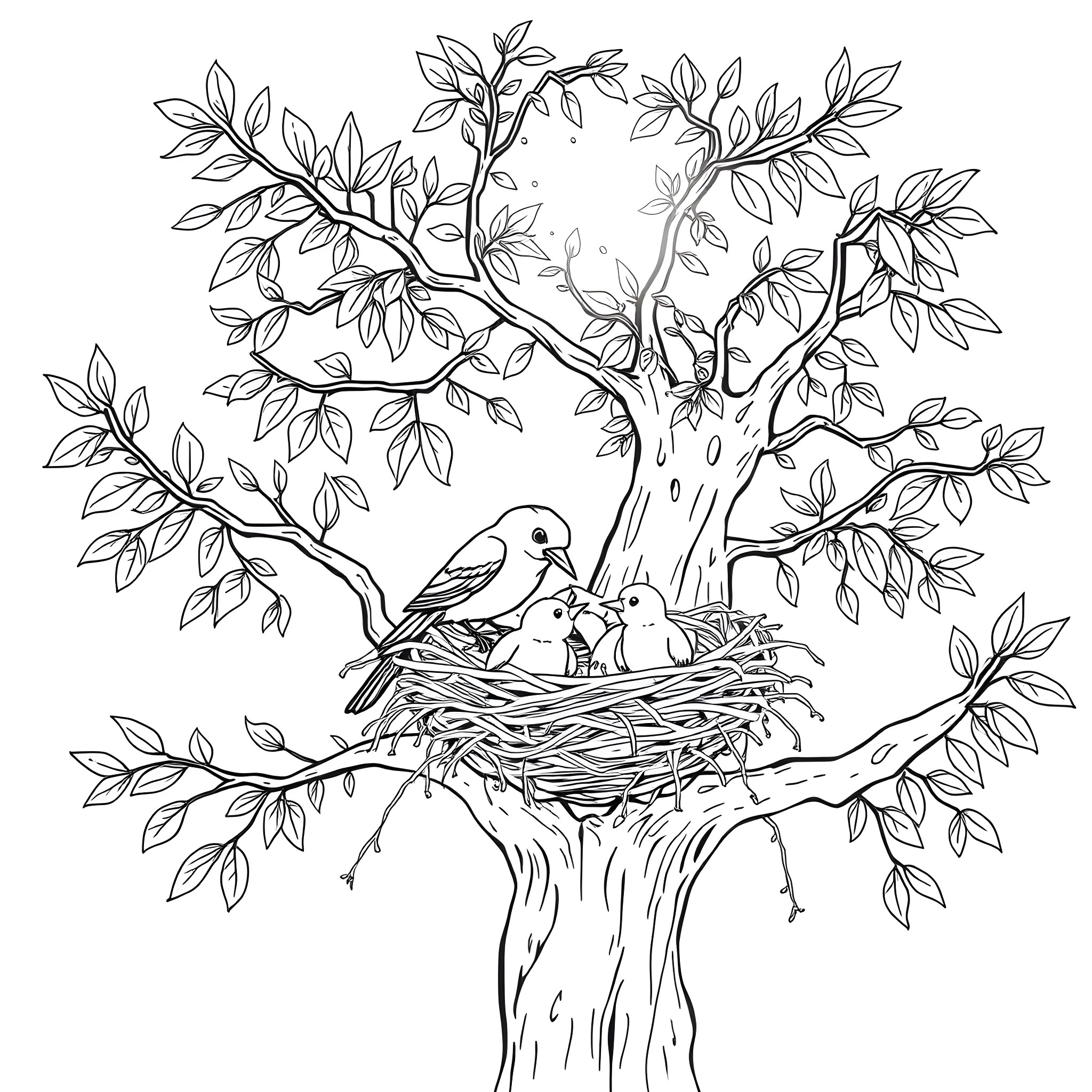 Birds nesting in a tree with lush foliage Coloring Page (free black-and-white line drawing printable PDF for all, from beginners to advanced learners, including children, teens, adults, and seniors)