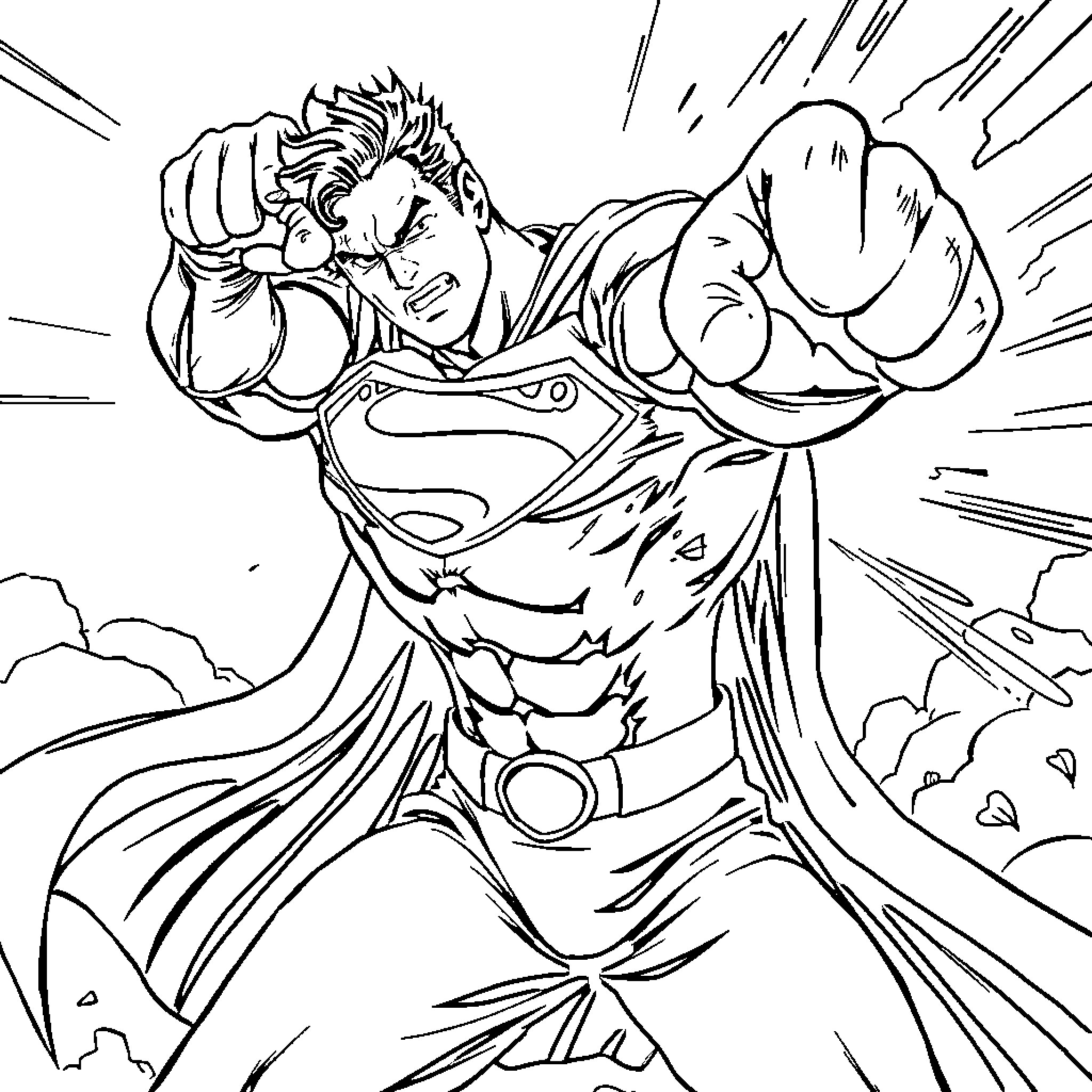 Superman soaring through the sky with determination Coloring Page (free black-and-white line drawing printable PDF for all, from beginners to advanced learners, including children, teens, adults, and seniors)