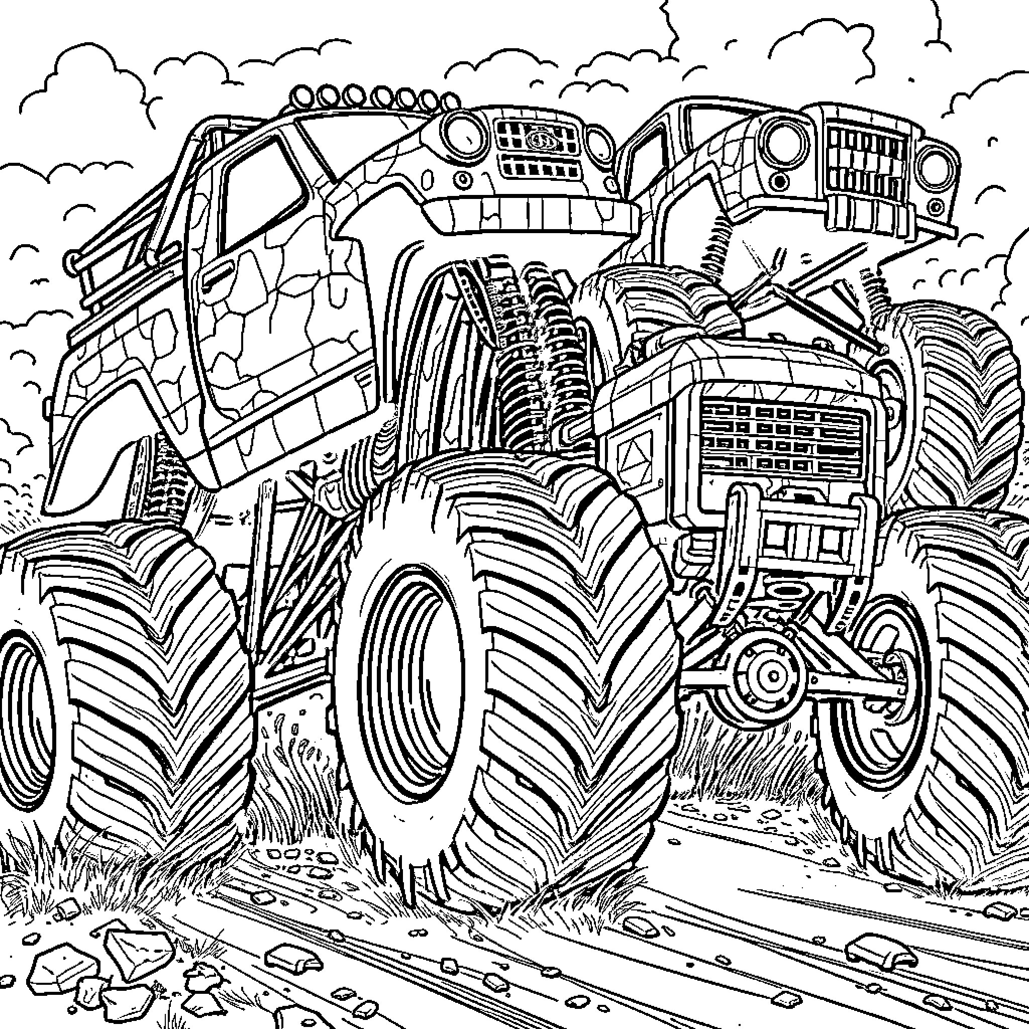 Monster Truck Crushing Obstacles on the Road Coloring Page (free black-and-white line drawing printable PDF for all, from beginners to advanced learners, including children, teens, adults, and seniors)
