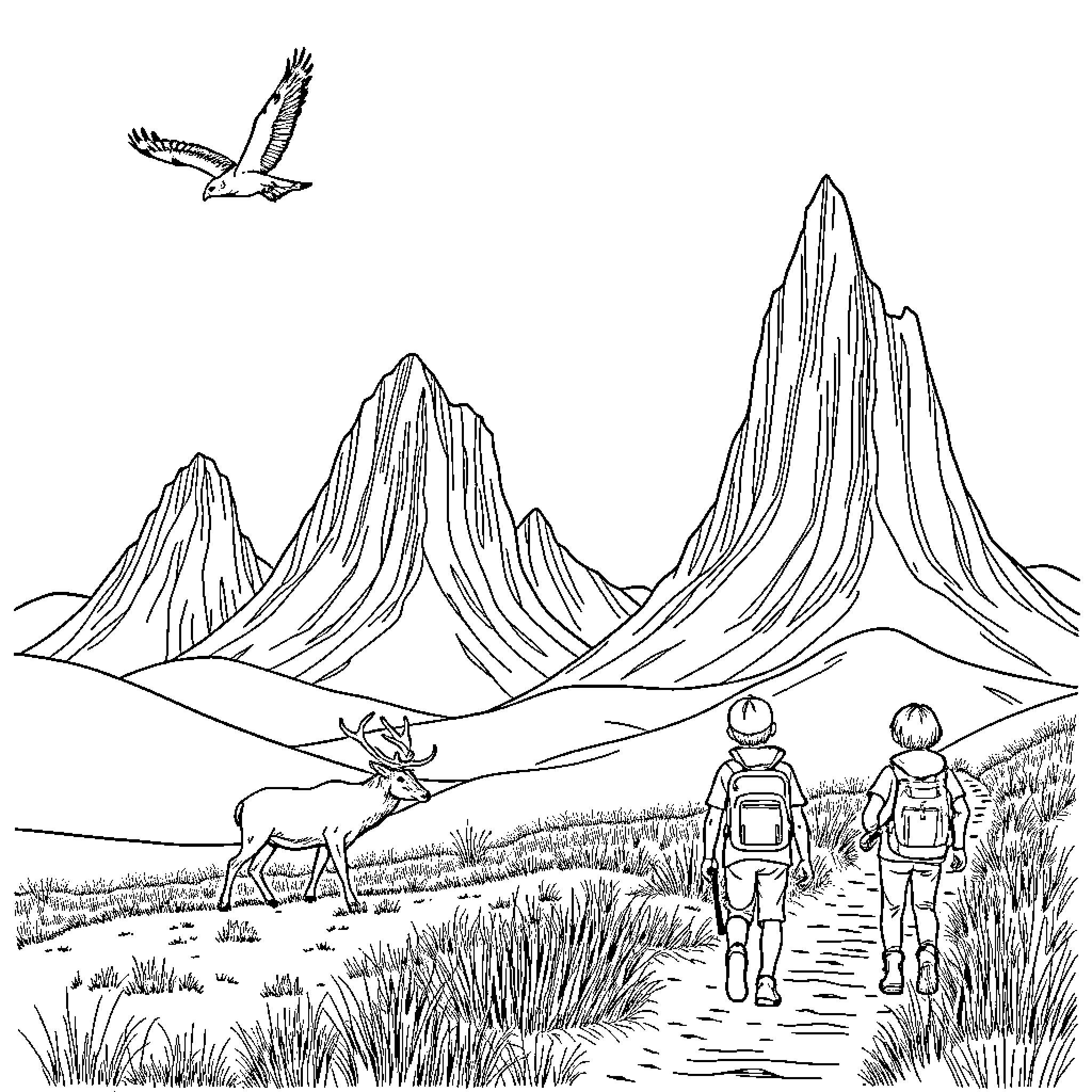 Elk encounters hikers in majestic mountain landscape Coloring Page (free black-and-white line drawing printable PDF for all, from beginners to advanced learners, including children, teens, adults, and seniors)