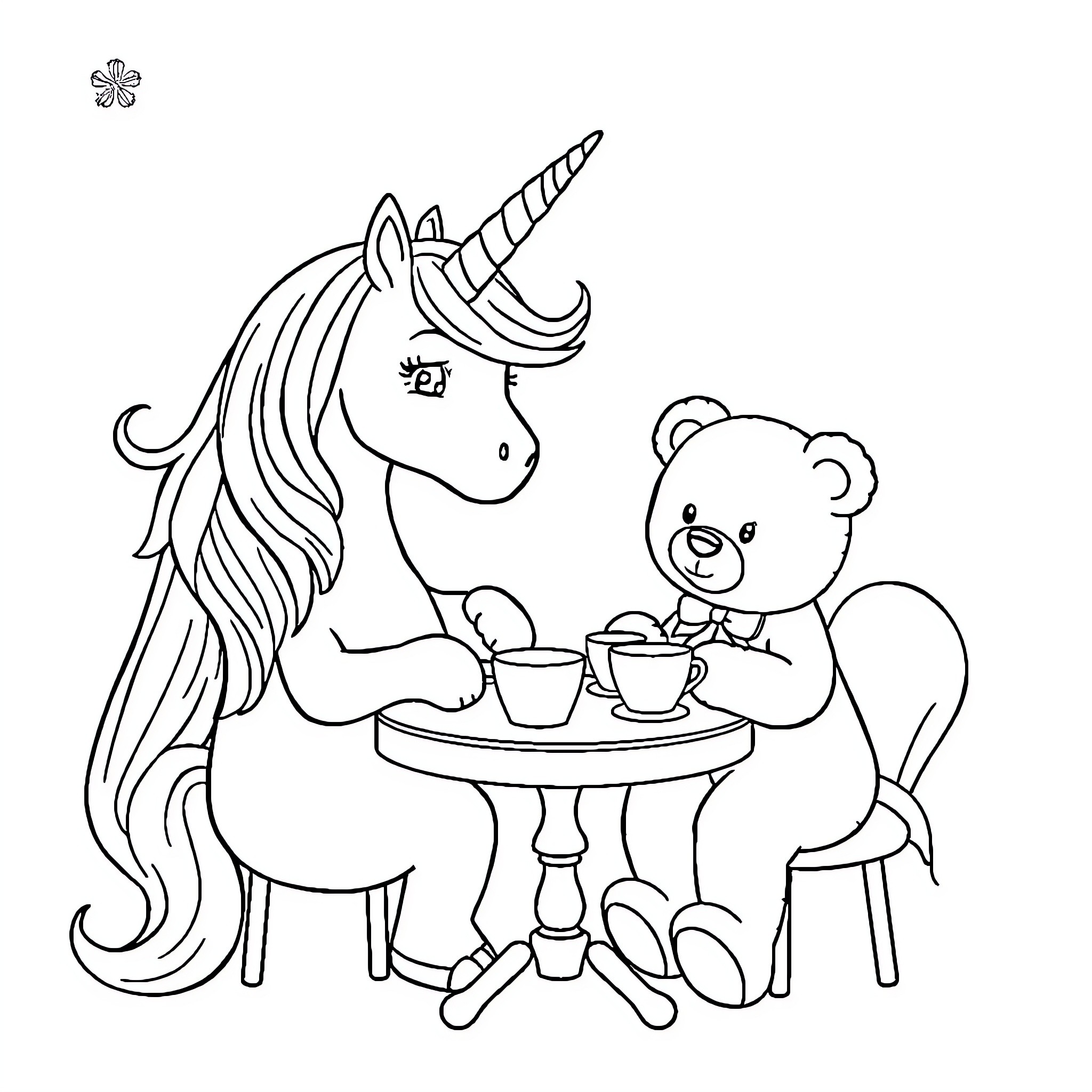 Unicorn and Bear Enjoying Tea Time Together Coloring Page (free black-and-white line drawing printable PDF for all, from beginners to advanced learners, including children, teens, adults, and seniors)