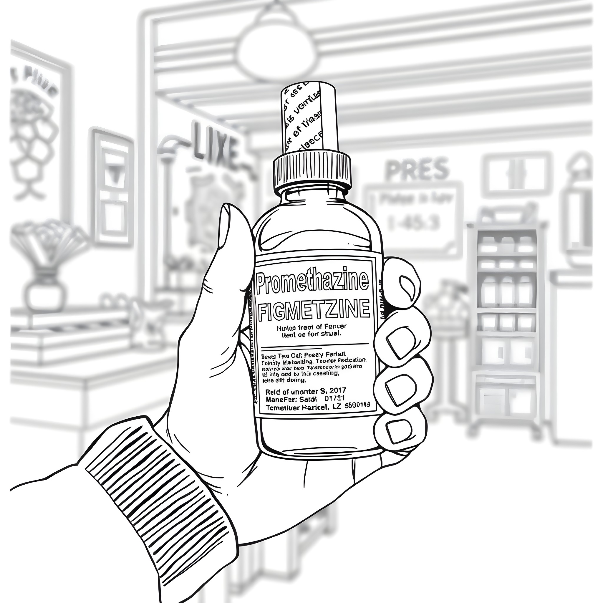 Promethazine bottle with medical details Coloring Page (free black-and-white line drawing printable PDF for all, from beginners to advanced learners, including children, teens, adults, and seniors)